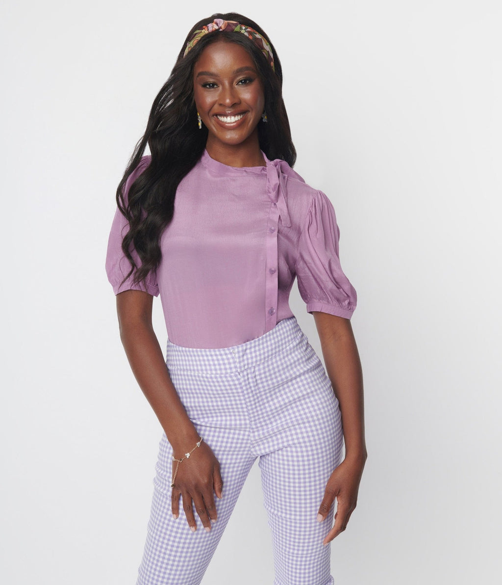 Lavender Puff Sleeve Bow Blouse - Unique Vintage - Womens, TOPS, WOVEN TOPS