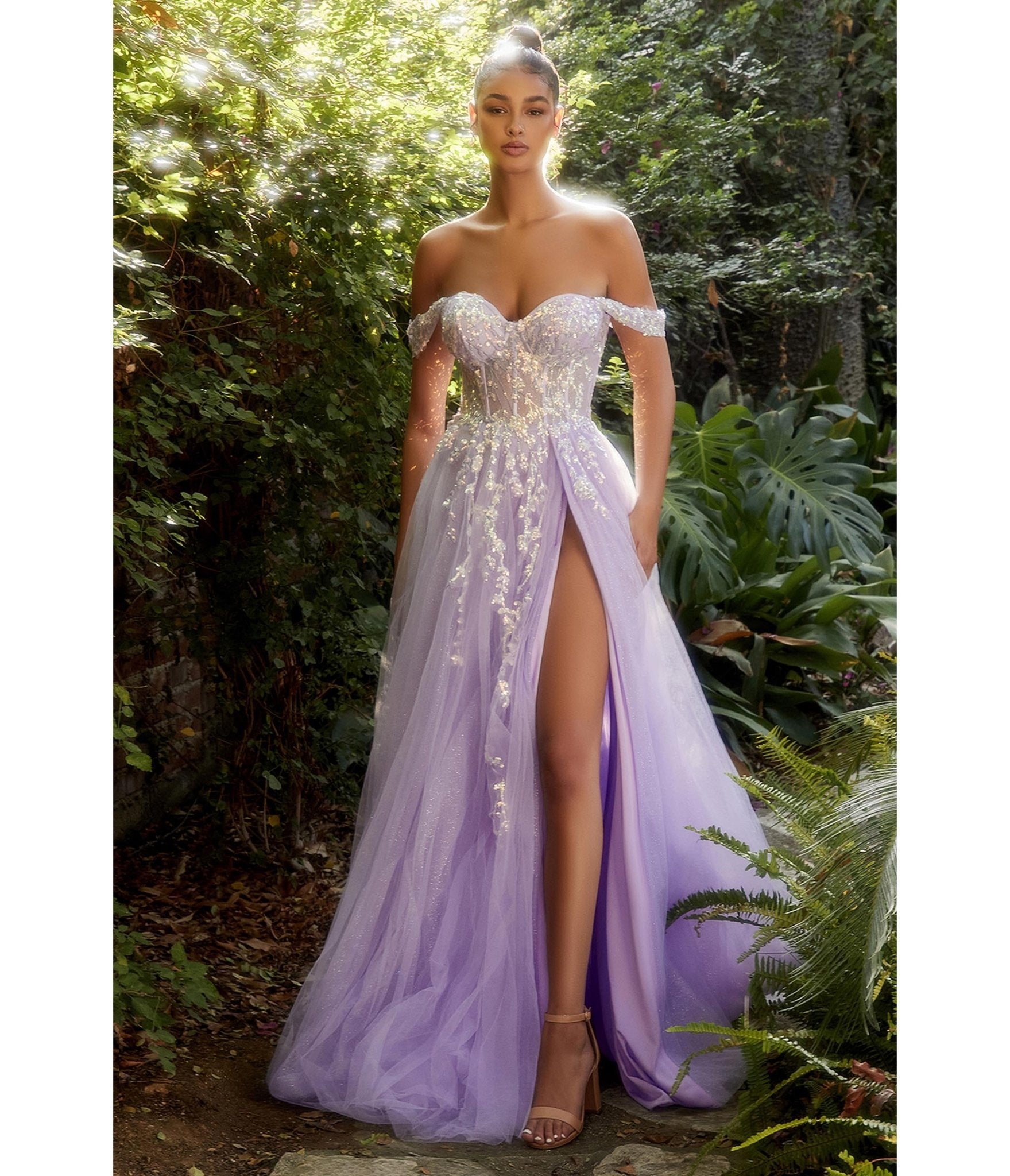 Lavender Sequin Applique Off The Shoulder Tulle Evening Gown - Unique Vintage - Womens, DRESSES, PROM AND SPECIAL OCCASION