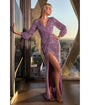 Cinderella Divine  Lavender Sequin Long Sleeve Slit Evening Gown