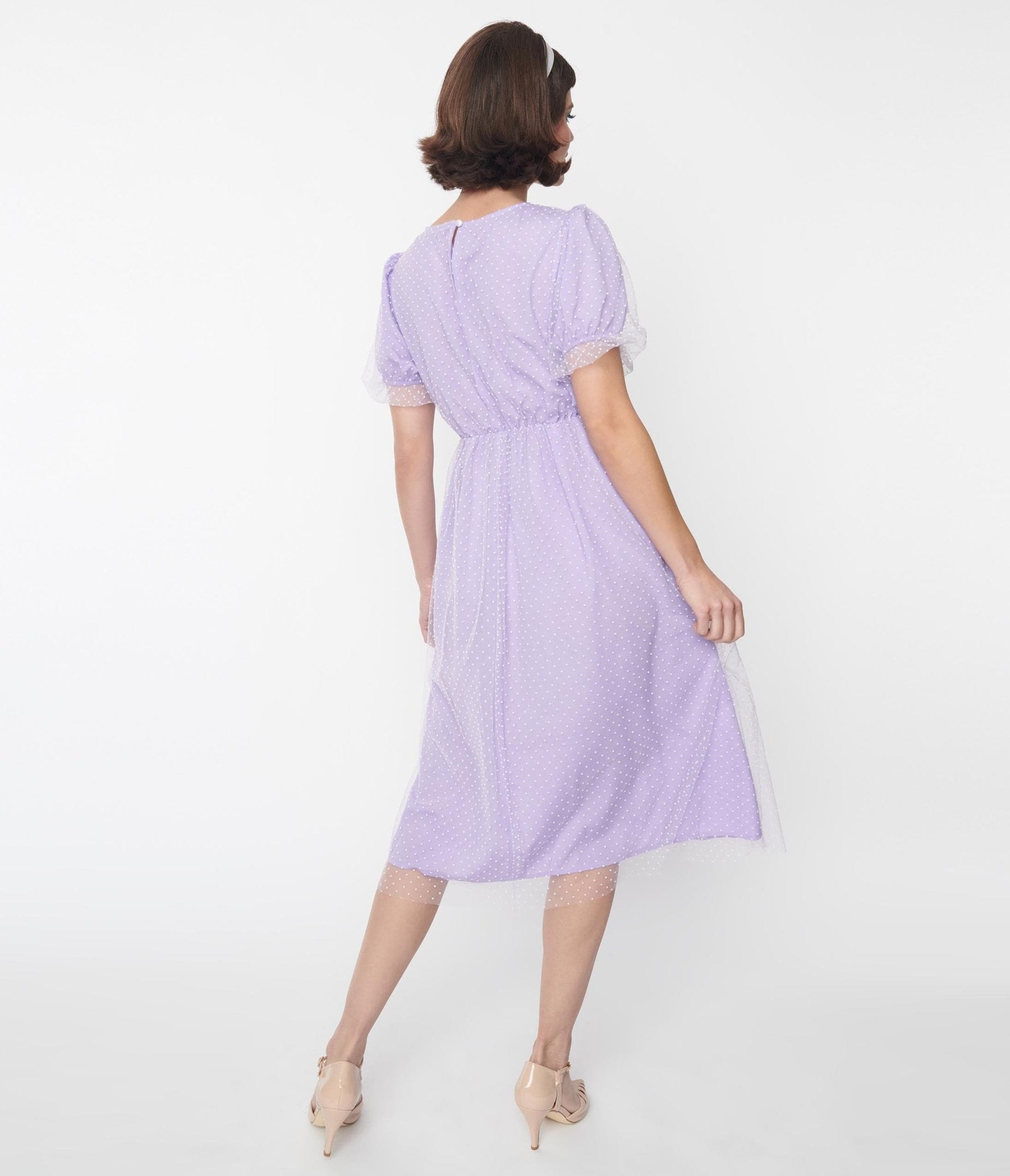 Lavender & White Pin Dot Mesh Overlay Midi Dress - Unique Vintage - Womens, DRESSES, MIDI