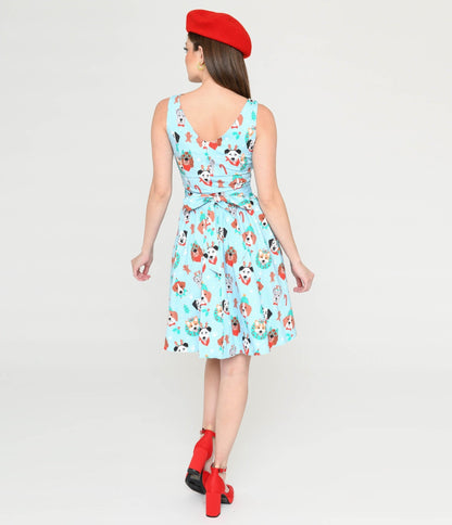 Light Blue & Christmas Puppy Print Flare Dress - Unique Vintage - Womens, DRESSES, FIT AND FLARE