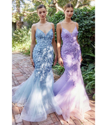 Light Blue Chromatic Floral Mermaid Bridesmaid Dress - Unique Vintage - Womens, DRESSES, PROM AND SPECIAL OCCASION