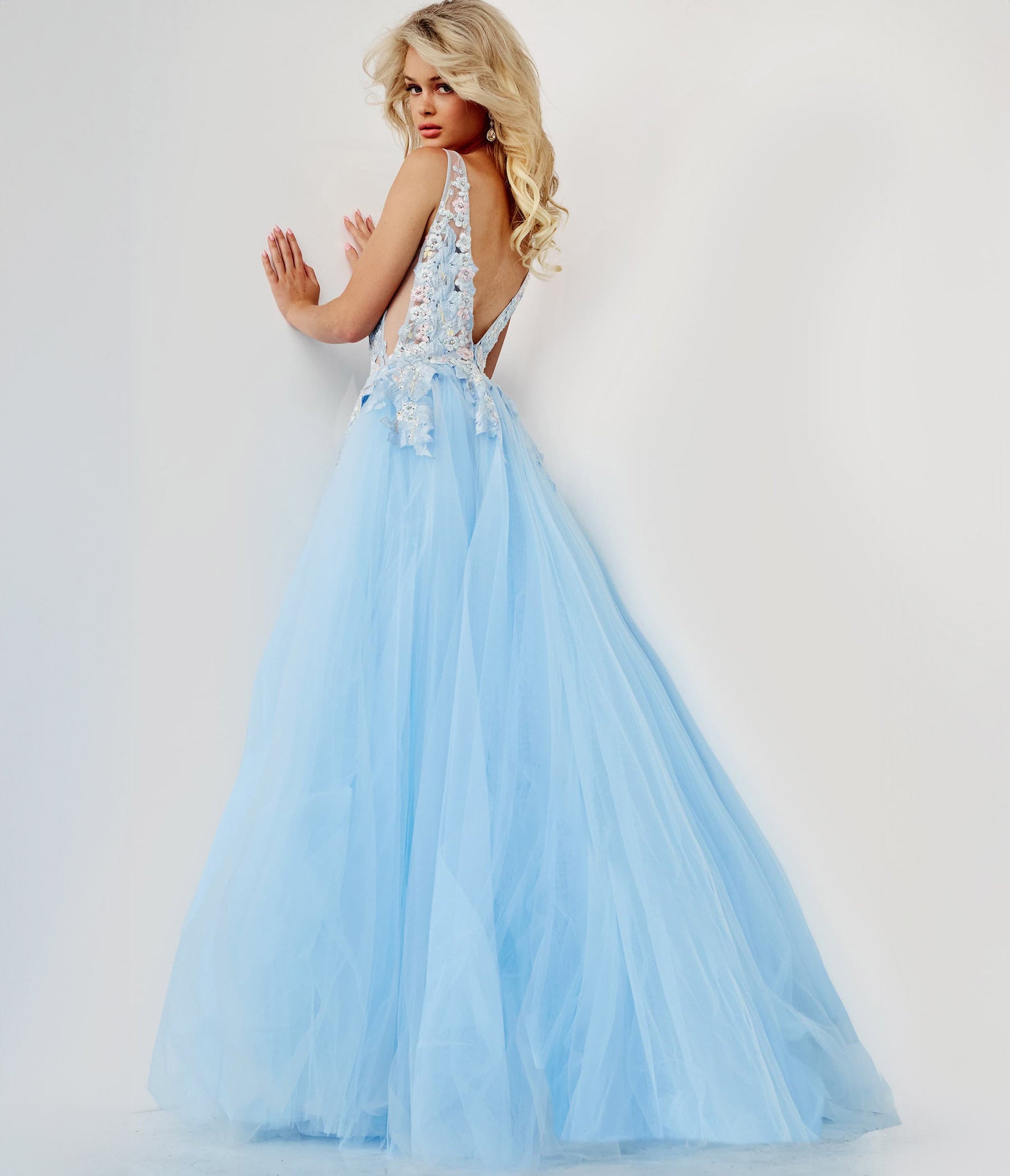 Light Blue Floral Applique Tulle Ballgown - Unique Vintage - Womens, DRESSES, PROM AND SPECIAL OCCASION