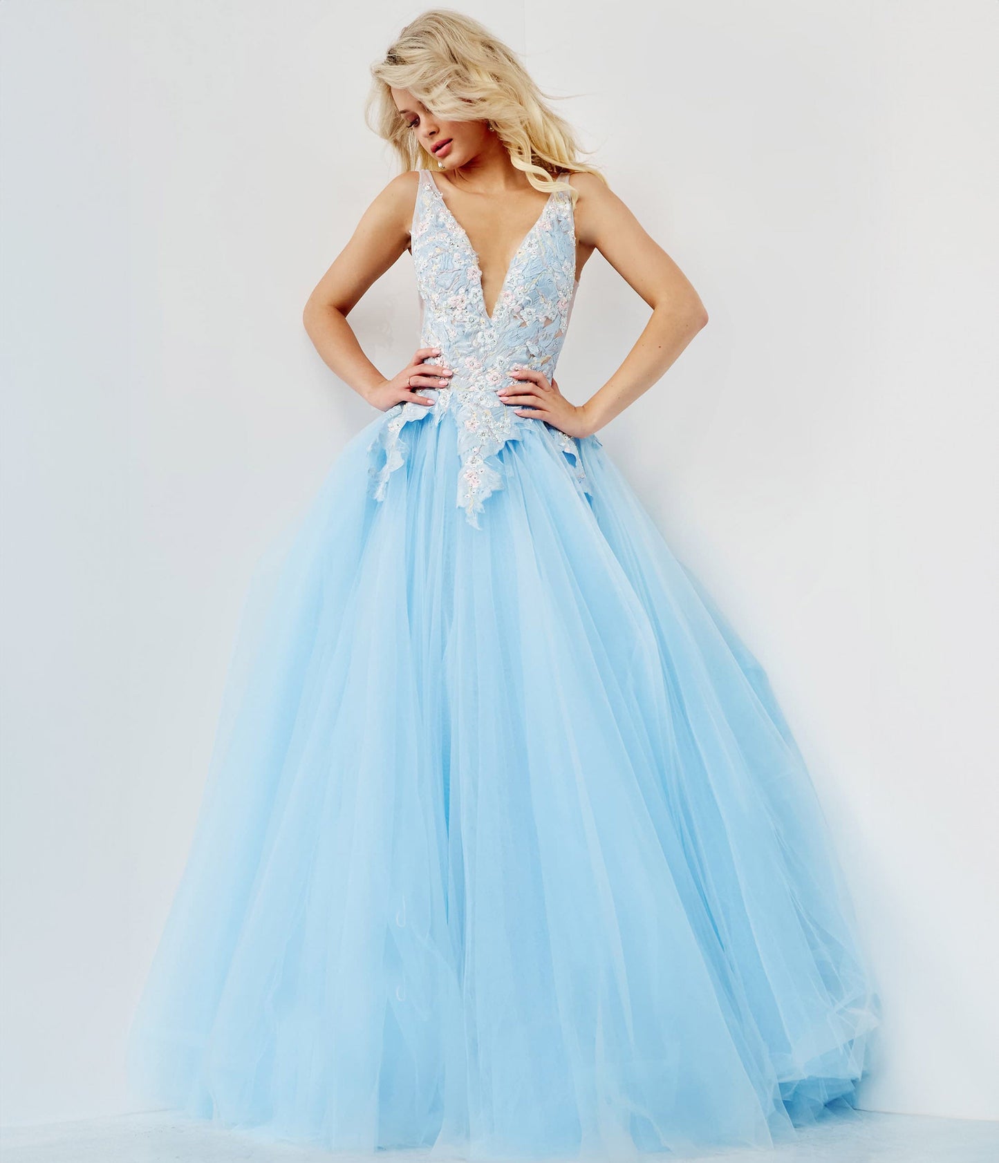 Light Blue Floral Applique Tulle Ballgown - Unique Vintage - Womens, DRESSES, PROM AND SPECIAL OCCASION