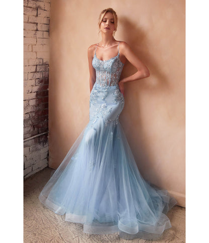 Light Blue Floral & Beaded Corset Mermaid Gown - Unique Vintage - Womens, DRESSES, PROM AND SPECIAL OCCASION