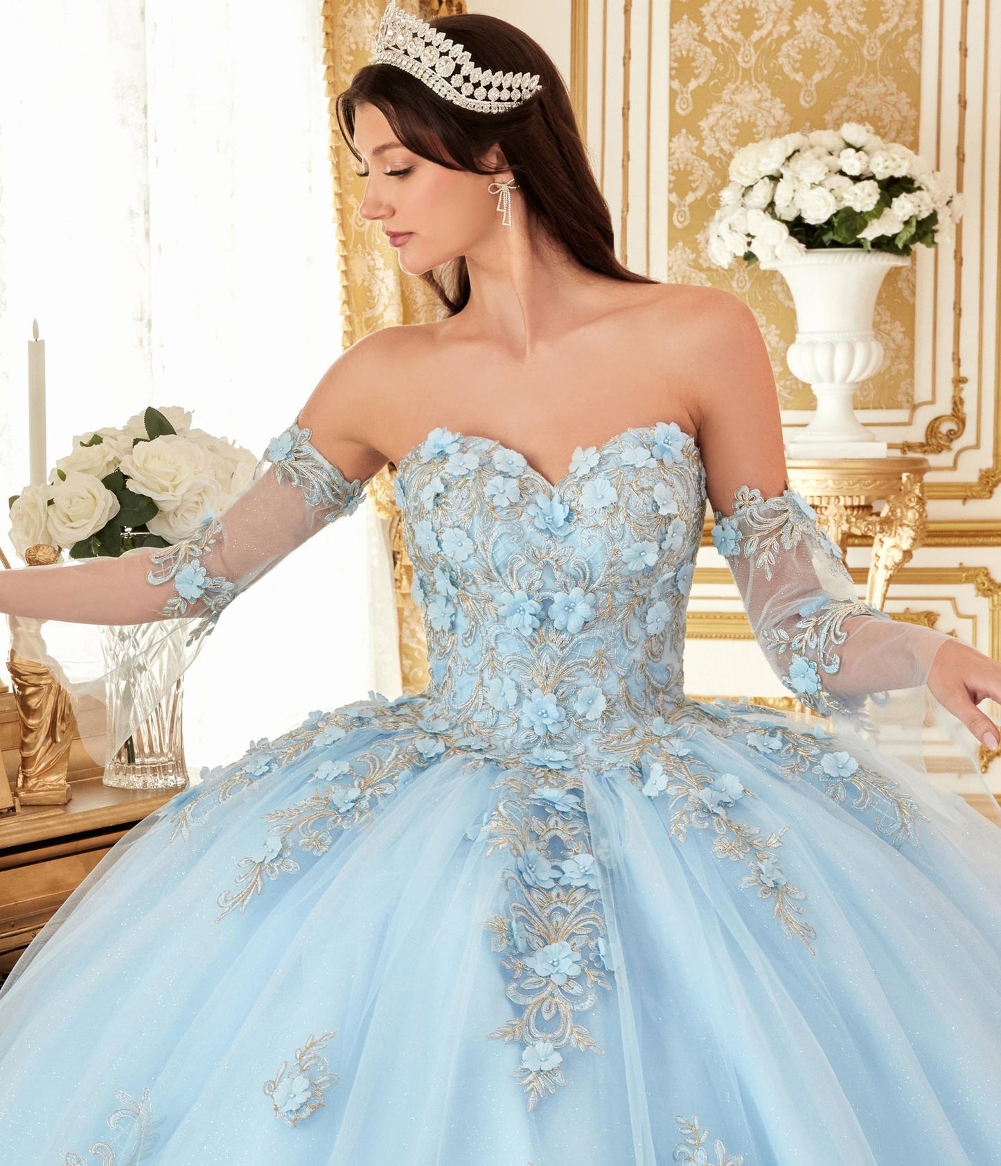 Light Blue Floral Tulle Princess Ball Gown - Unique Vintage - Womens, DRESSES, PROM AND SPECIAL OCCASION