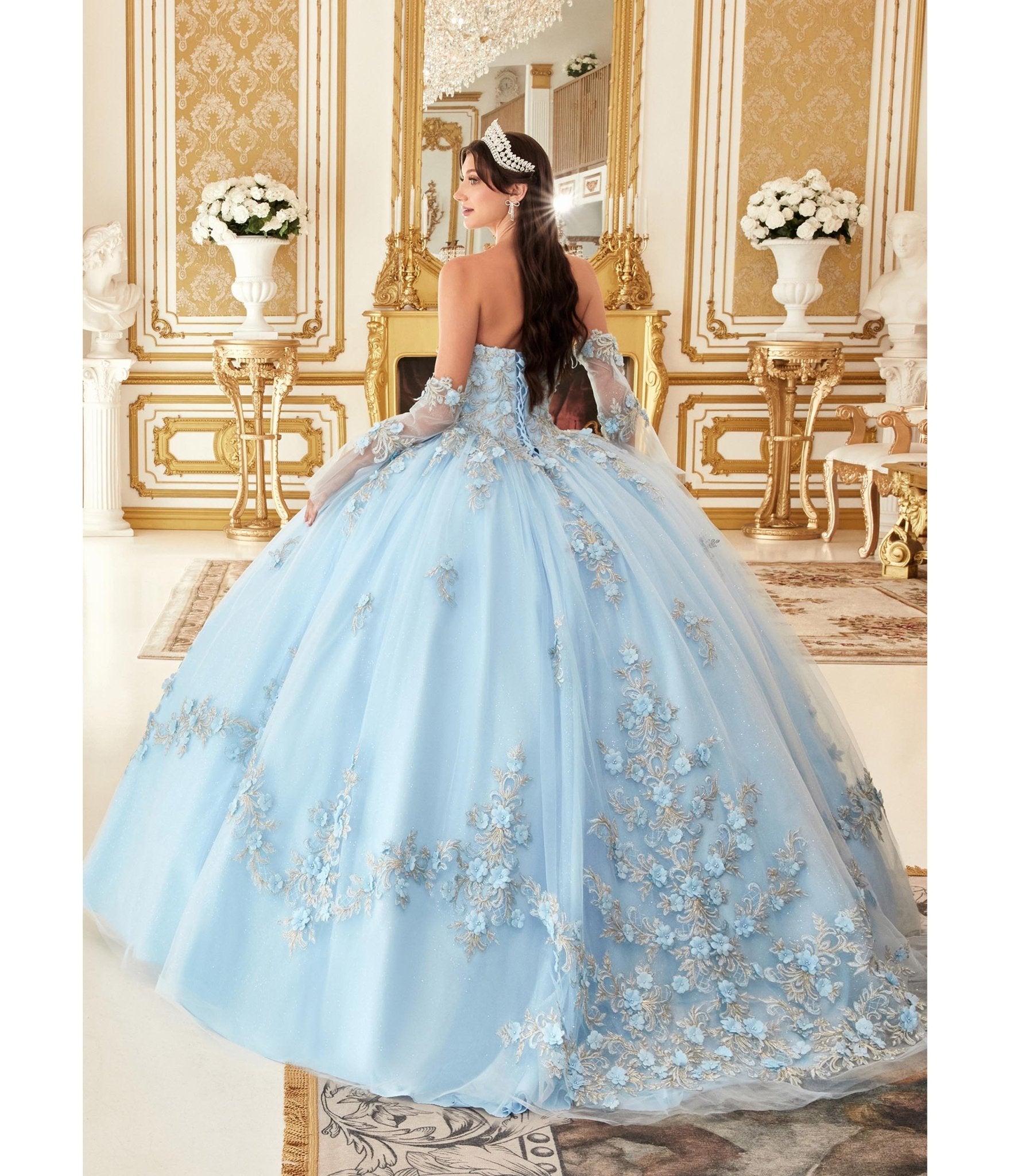 Light Blue Floral Tulle Princess Ball Gown - Unique Vintage - Womens, DRESSES, PROM AND SPECIAL OCCASION