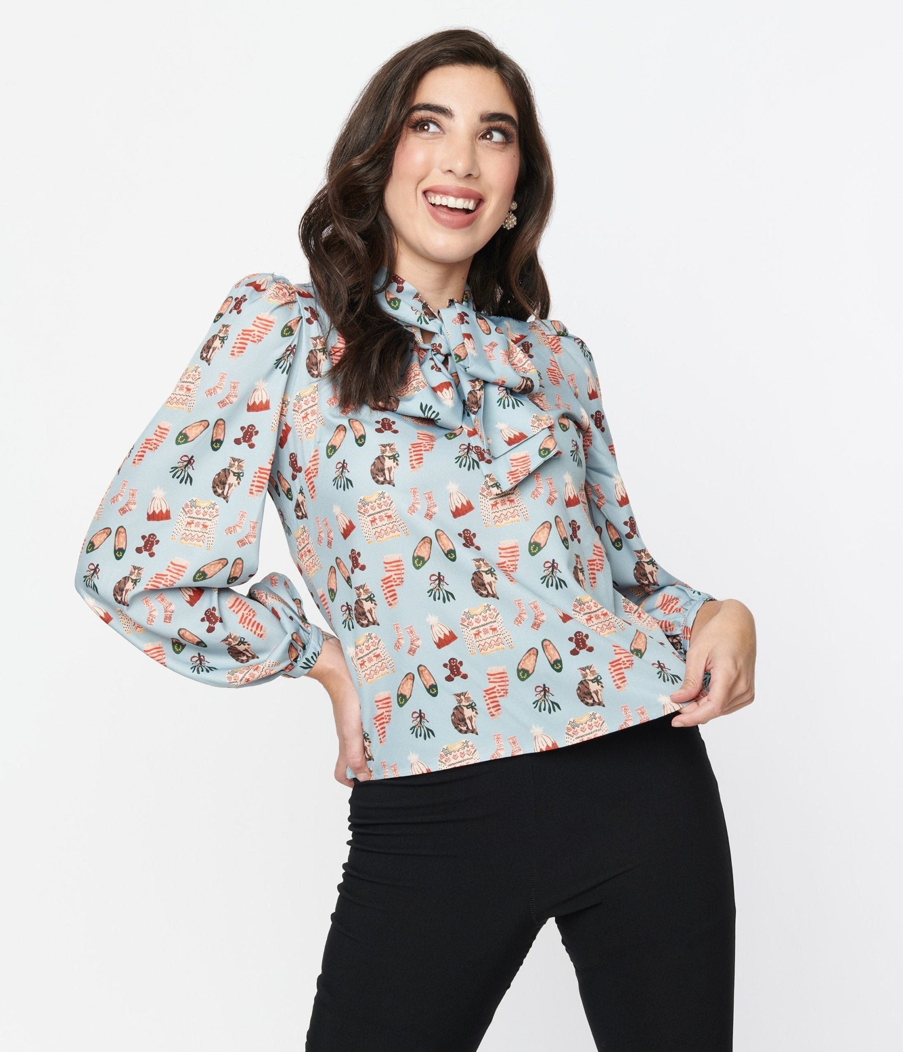 Light Blue Holiday Party Print Satin Bow Blouse - Unique Vintage - Womens, TOPS, WOVEN TOPS