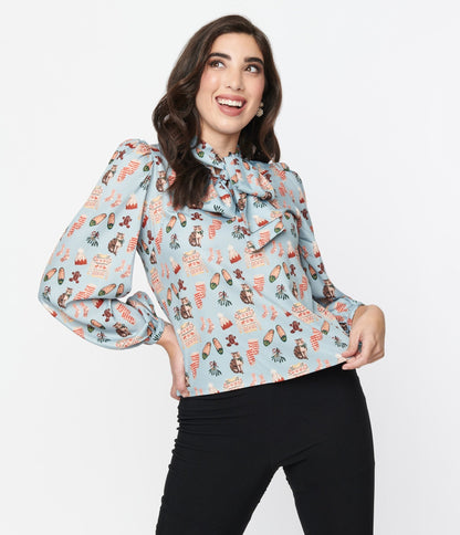 Light Blue Holiday Party Print Satin Bow Blouse - Unique Vintage - Womens, TOPS, WOVEN TOPS