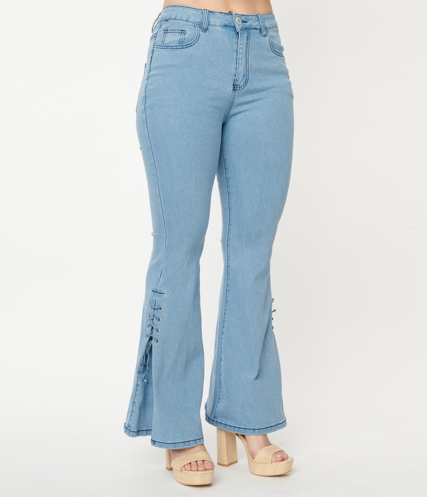 Light Blue Lace Accent Flare Jeans - Unique Vintage - Womens, BOTTOMS, JEANS