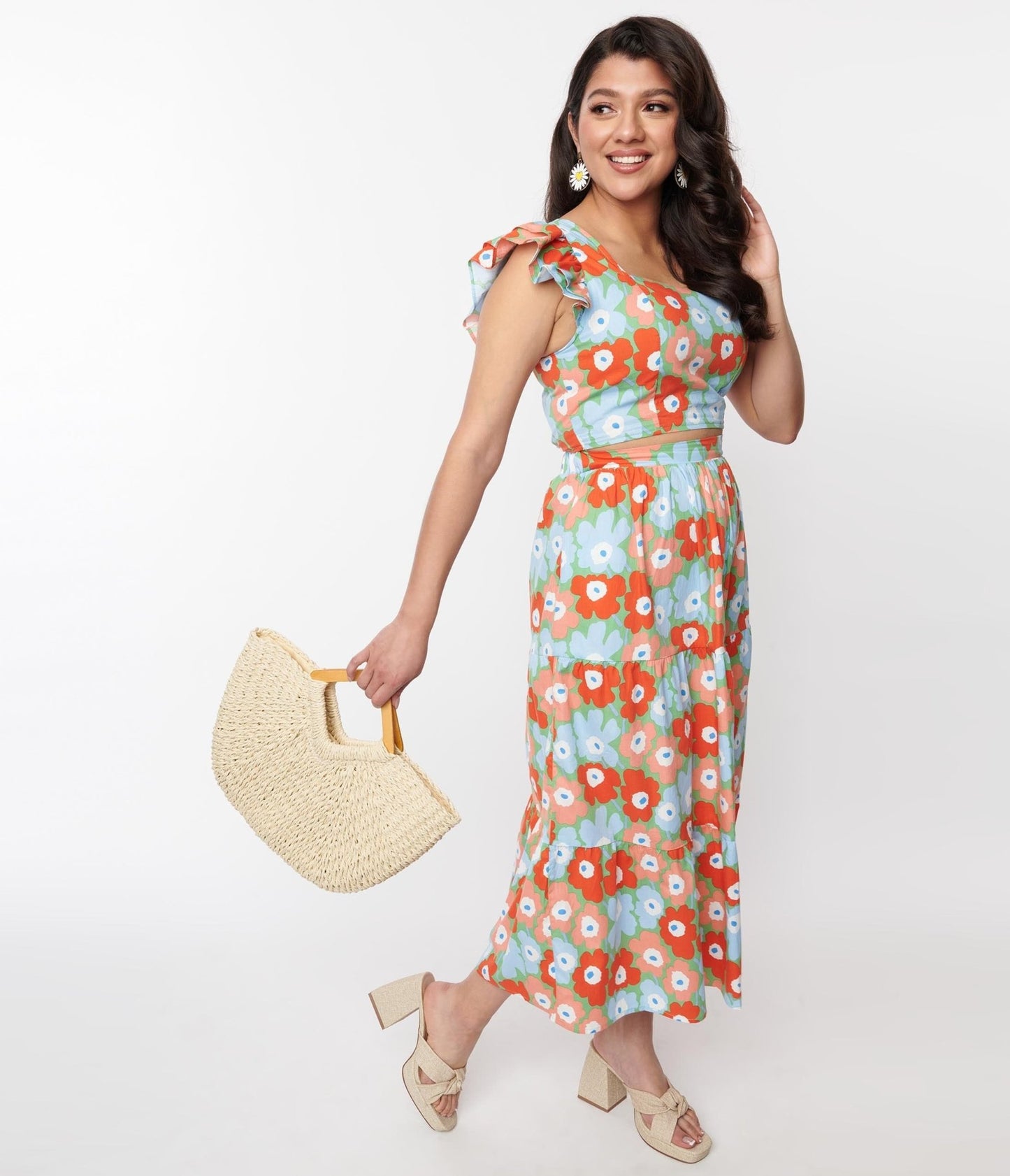 Light Blue & Red Floral Tiered Midi Skirt - Unique Vintage - Womens, BOTTOMS, SKIRTS