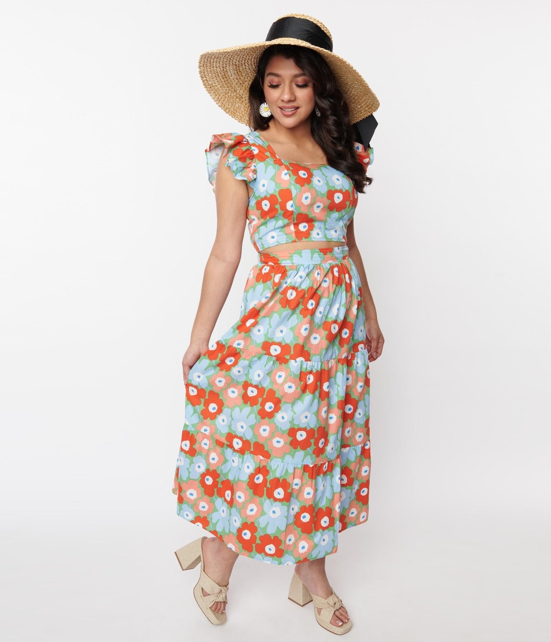 Light Blue & Red Floral Tiered Midi Skirt - Unique Vintage - Womens, BOTTOMS, SKIRTS