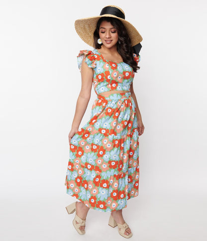 Light Blue & Red Floral Tiered Midi Skirt - Unique Vintage - Womens, BOTTOMS, SKIRTS