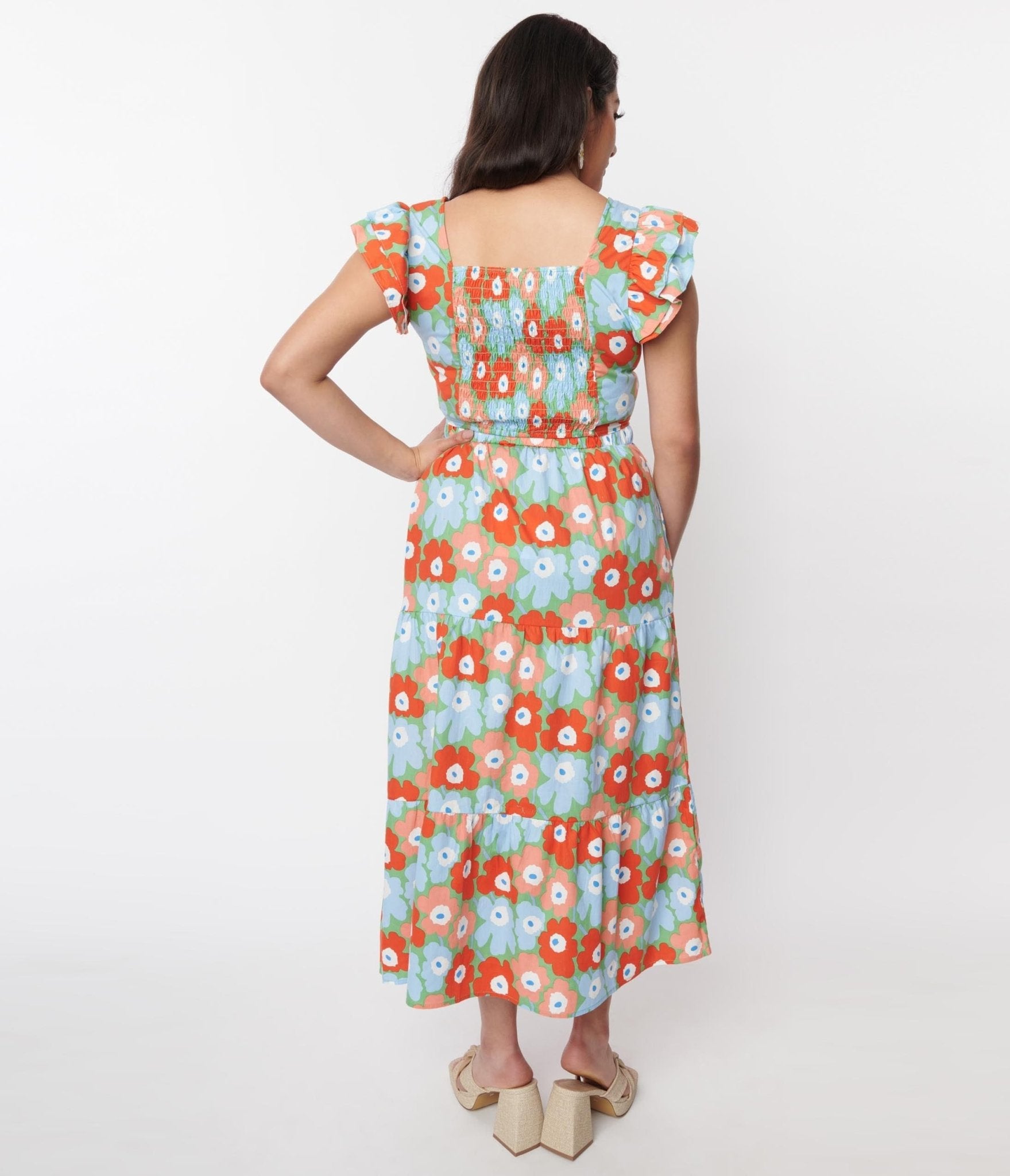 Light Blue & Red Floral Tiered Midi Skirt - Unique Vintage - Womens, BOTTOMS, SKIRTS