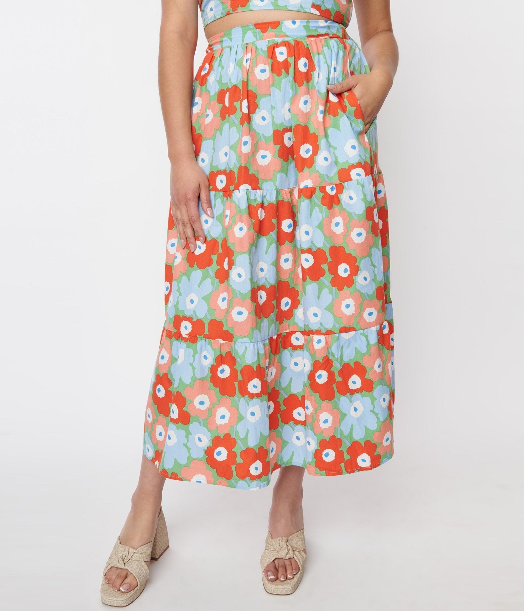 Light Blue & Red Floral Tiered Midi Skirt - Unique Vintage - Womens, BOTTOMS, SKIRTS