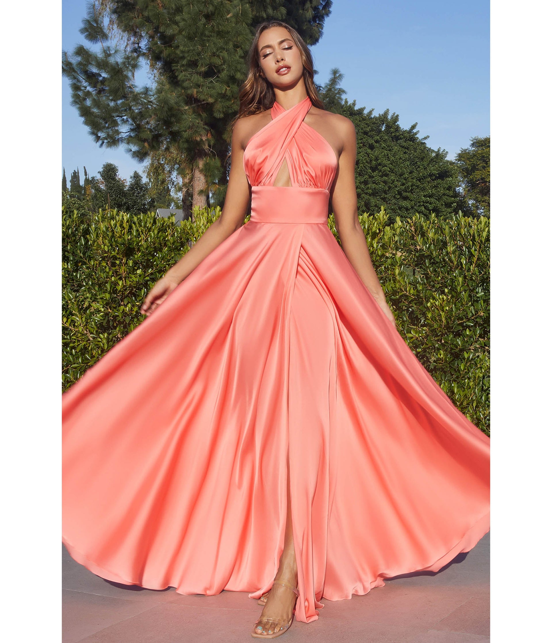 Light Coral Satin Convertible Halter Evening Gown - Unique Vintage - Womens, DRESSES, PROM AND SPECIAL OCCASION