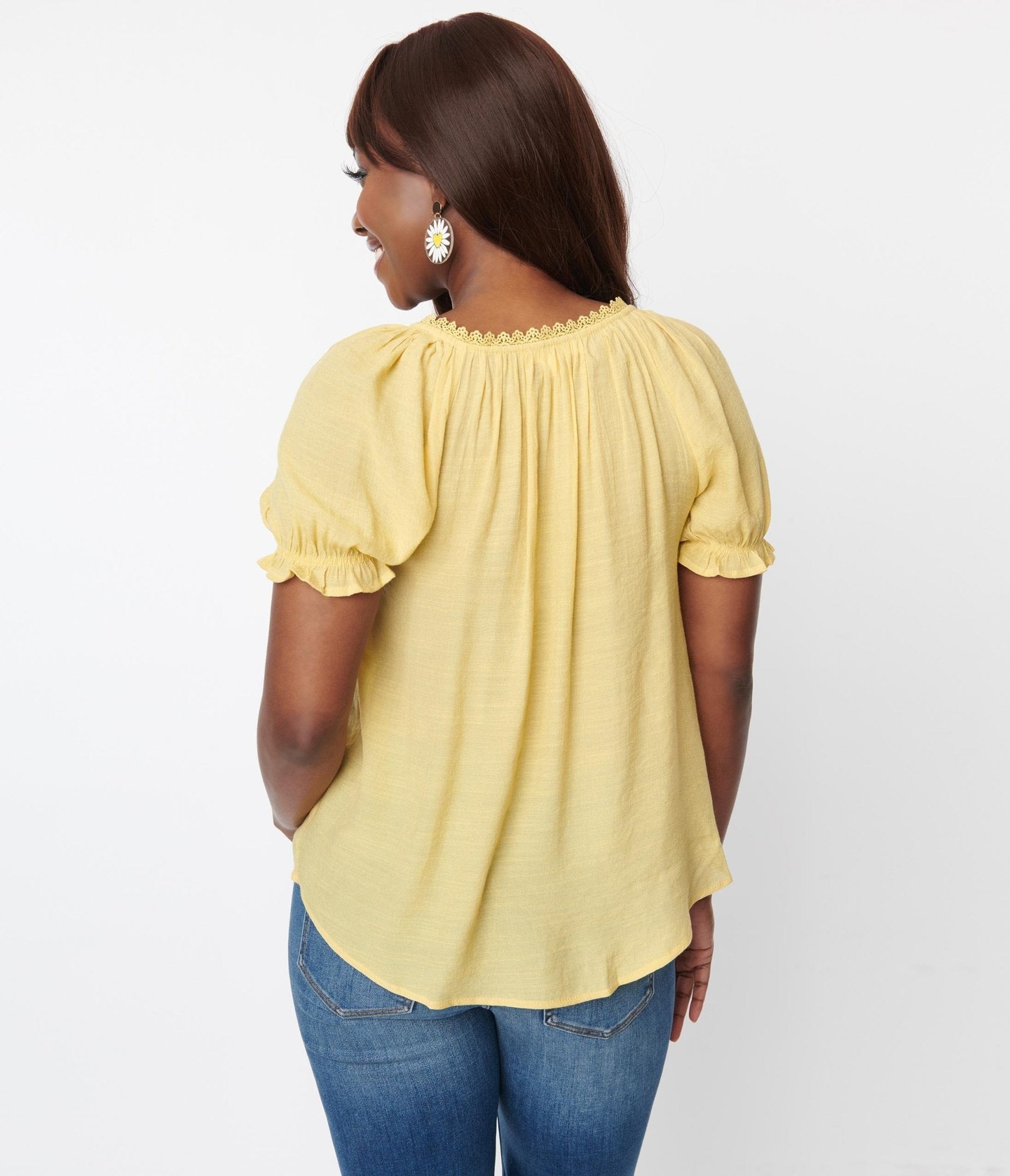 Light Yellow Floral Embroidery Woven Top - Unique Vintage - Womens, TOPS, WOVEN TOPS
