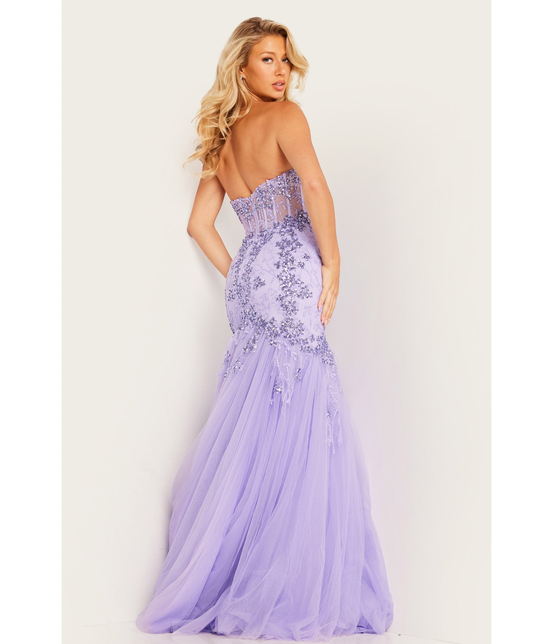 Lilac Embroidered Sequin Corset Mermaid Evening Gown - Unique Vintage - Womens, DRESSES, PROM AND SPECIAL OCCASION