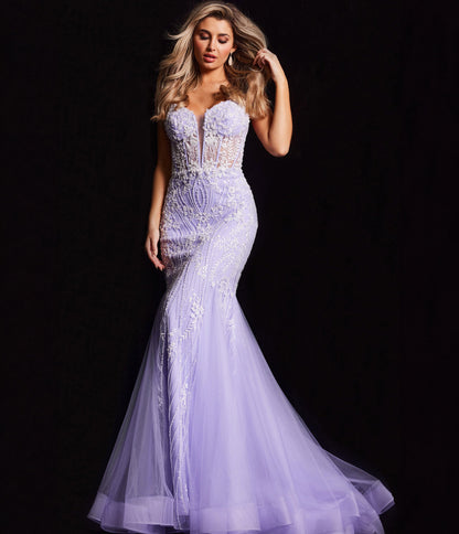Lilac Floral Embroidered Corset Mermaid Evening Gown - Unique Vintage - Womens, DRESSES, PROM AND SPECIAL OCCASION