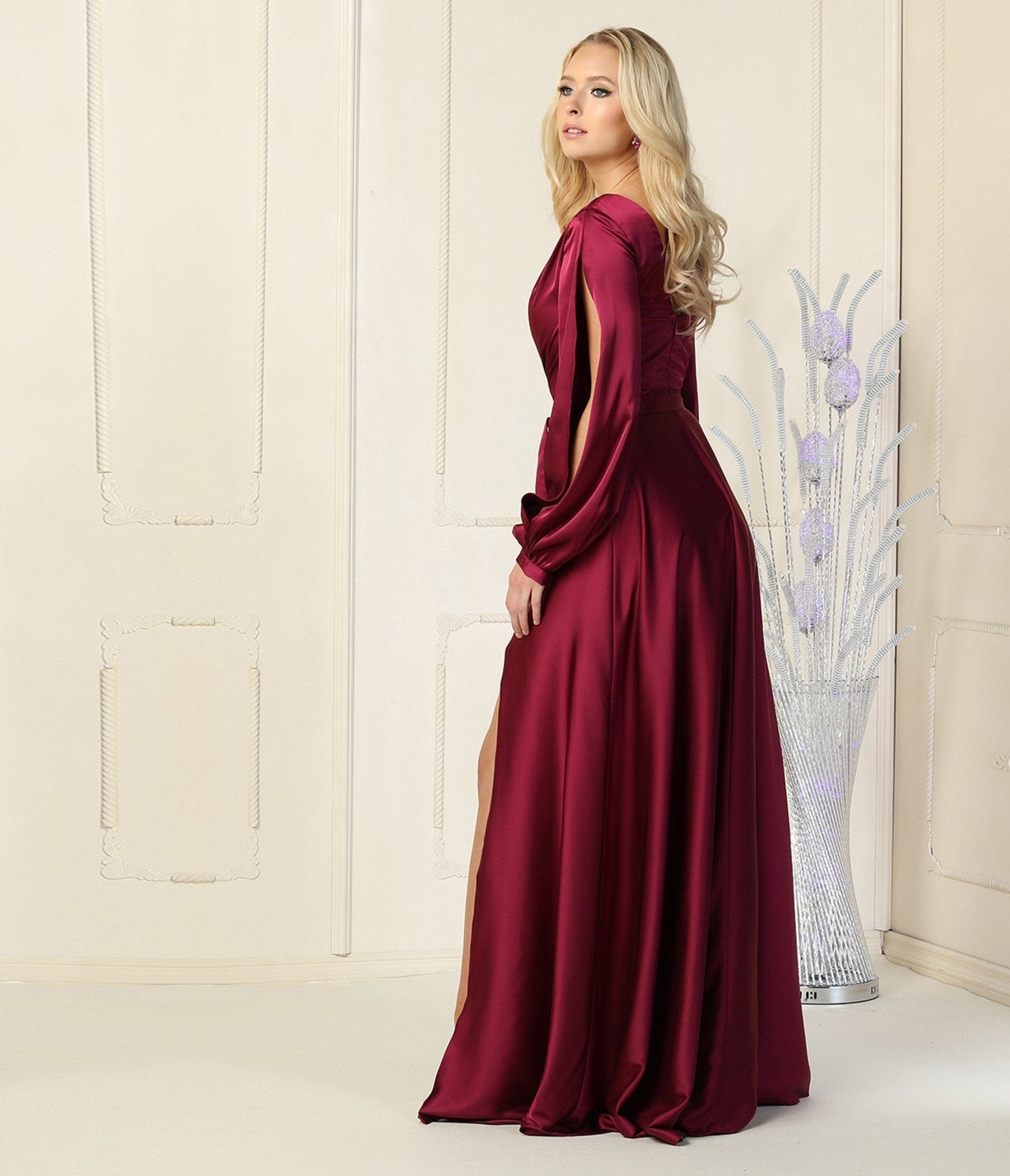 Magenta Satin Long Sleeve Goddess Gown - Unique Vintage - Womens, DRESSES, PROM AND SPECIAL OCCASION