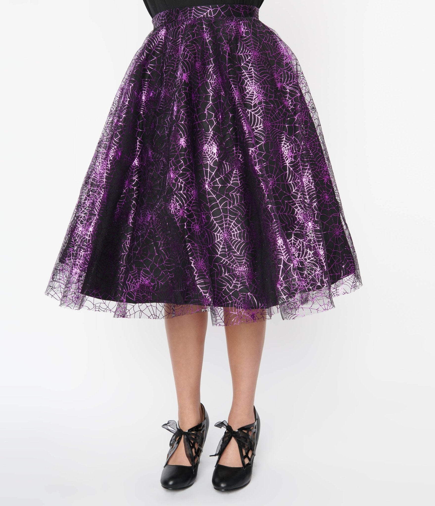 Magnolia Place Black & Purple Spiderweb Sally Swing Skirt - Unique Vintage - Womens, HALLOWEEN, BOTTOMS