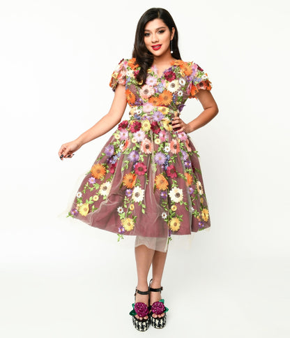 Magnolia Place Burgundy Flower Party Midori Swing Dress - Unique Vintage - Womens, DRESSES, SWING