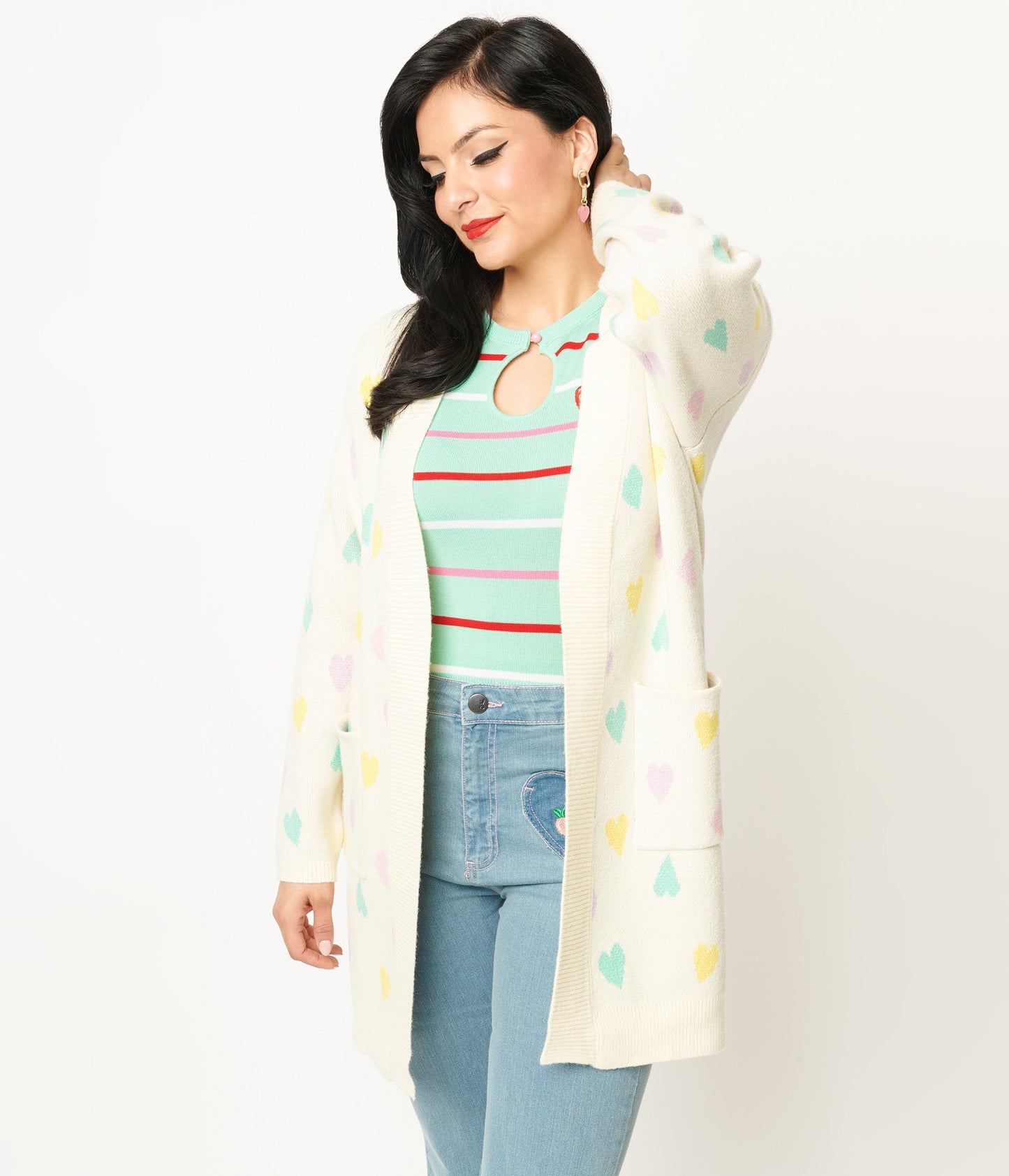 Magnolia Place Cream & Pastel Hearts Cardigan - Unique Vintage - Womens, TOPS, SWEATERS