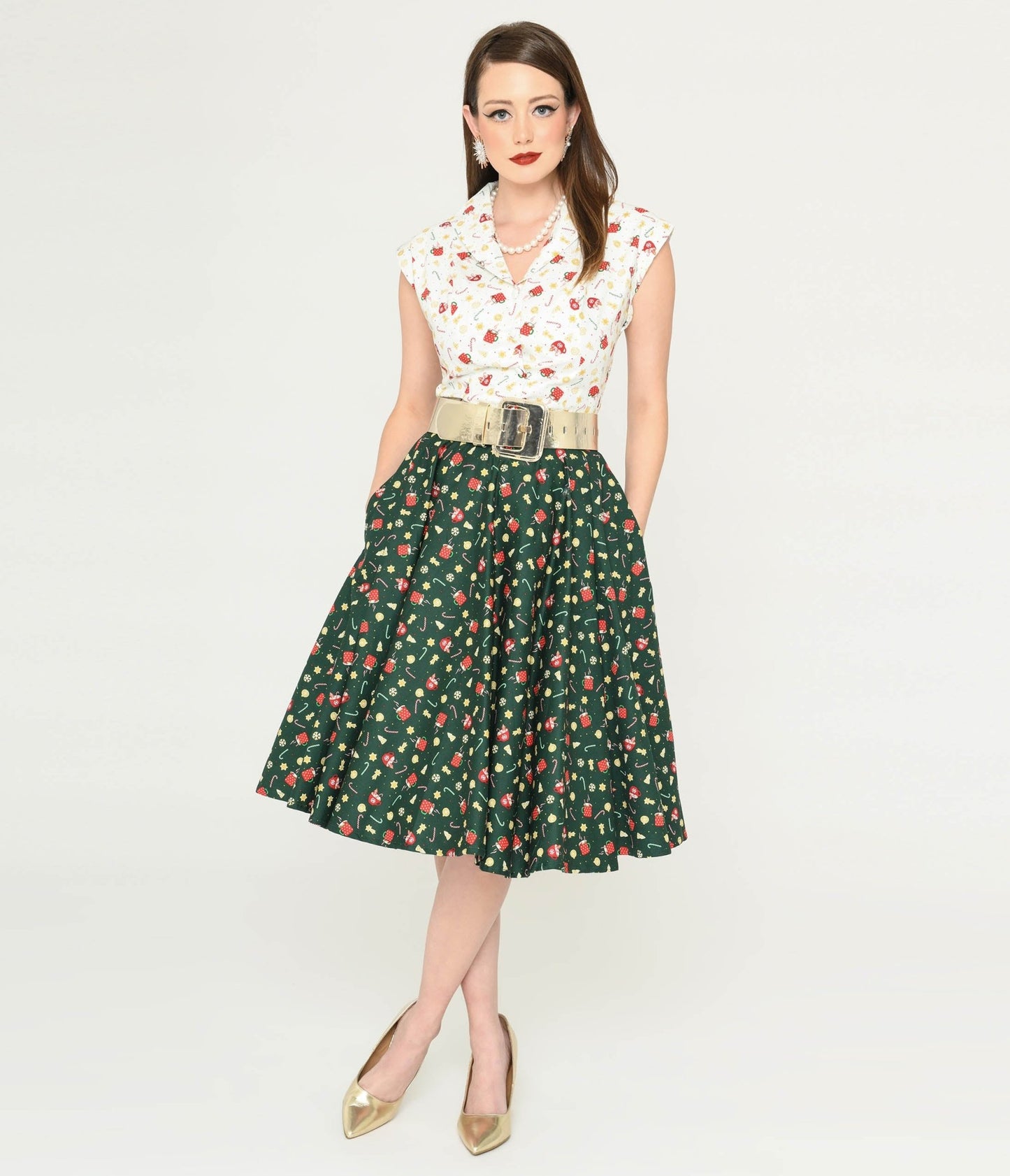 Magnolia Place Green & Holiday Print Sally Swing Skirt - Unique Vintage - Womens, BOTTOMS, SKIRTS