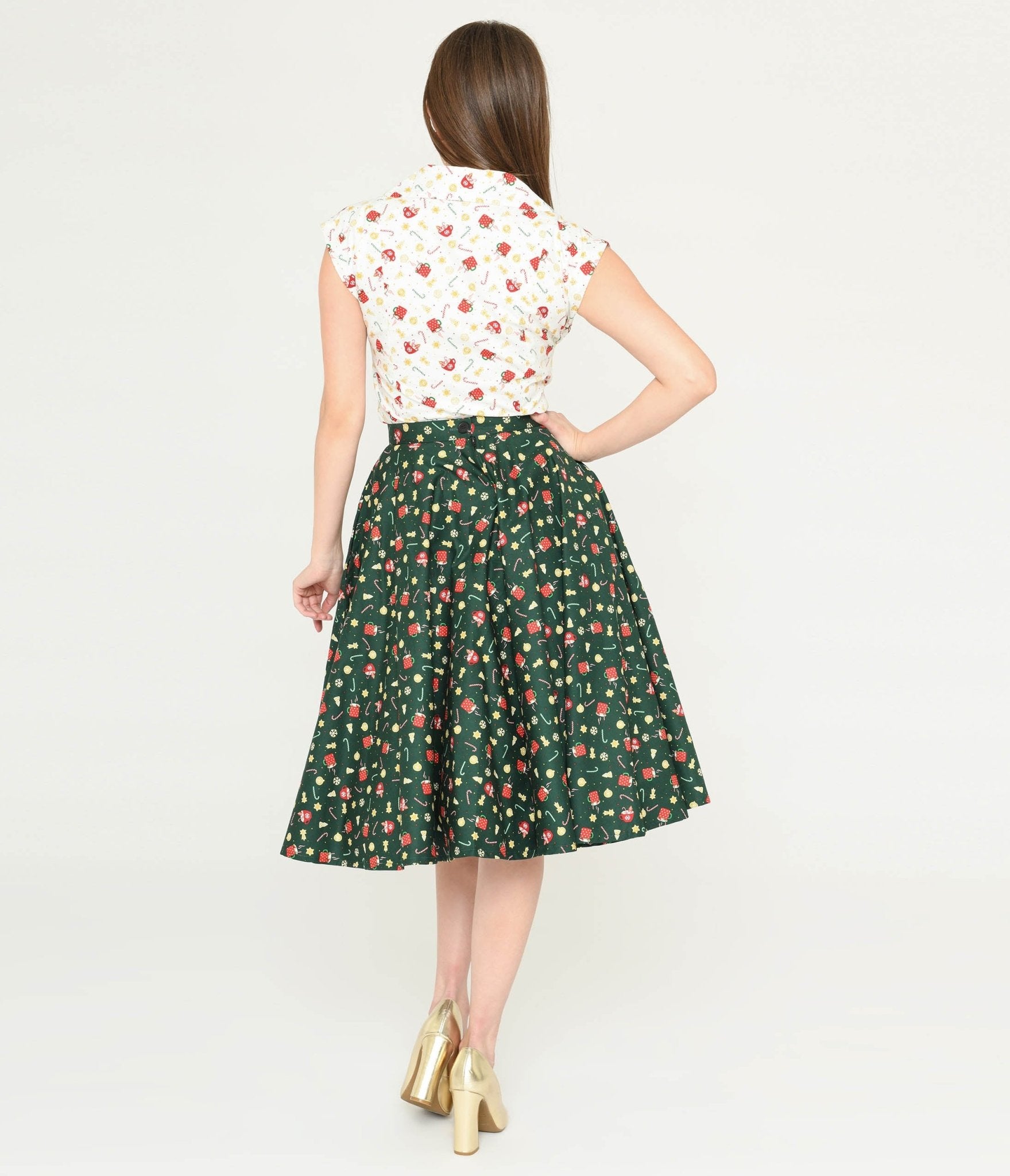 Magnolia Place Green & Holiday Print Sally Swing Skirt - Unique Vintage - Womens, BOTTOMS, SKIRTS