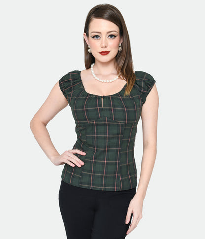 Magnolia Place Green & Pink Tartan Plaid May Top - Unique Vintage - Womens, TOPS, WOVEN TOPS