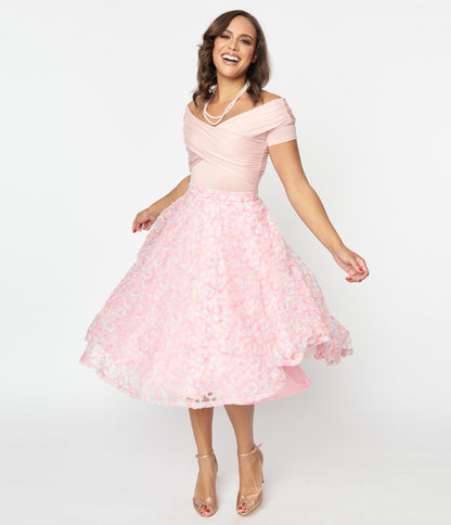 Magnolia Place Light Pink Floral Tulle Sally Swing Skirt - Unique Vintage - Womens, BOTTOMS, SKIRTS