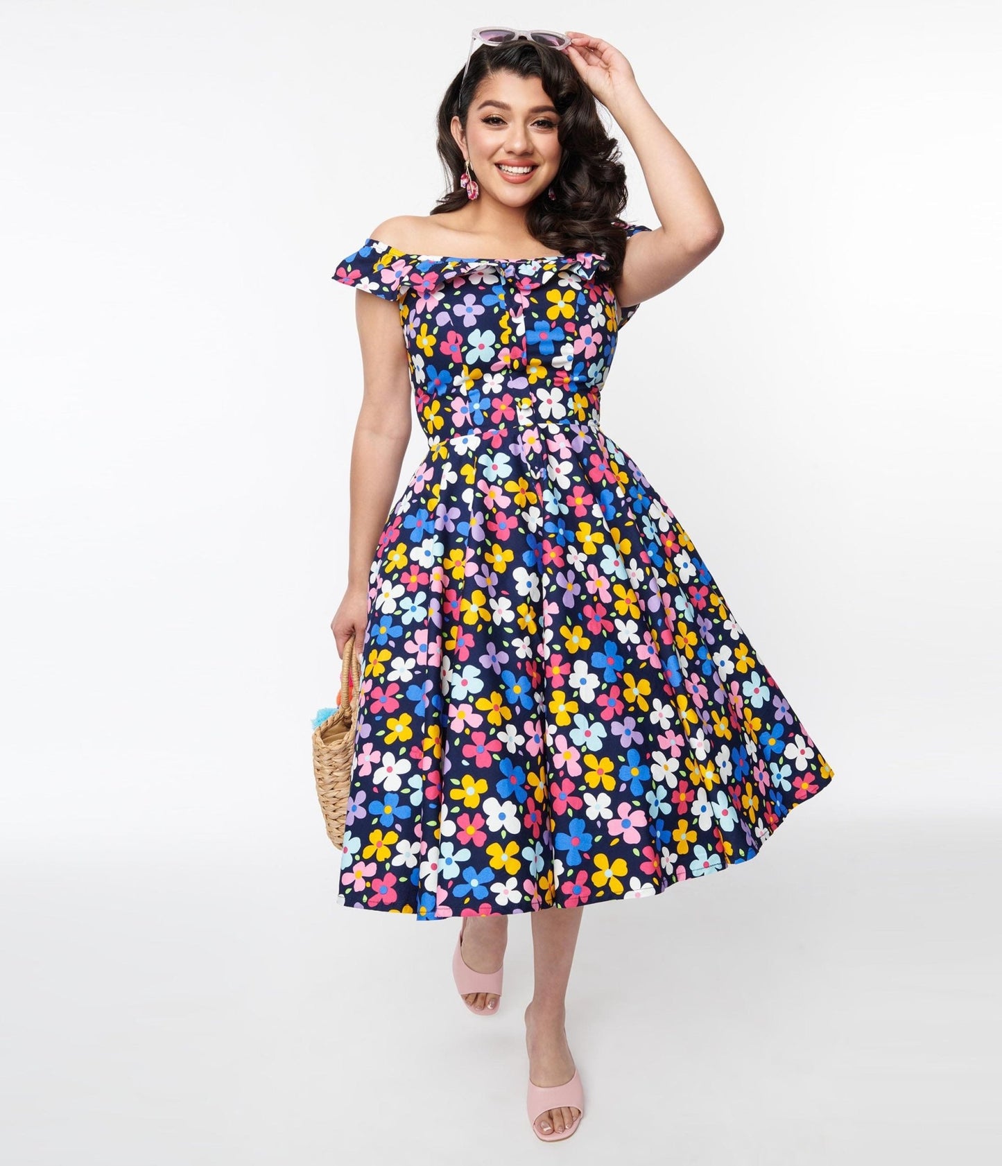 Magnolia Place Navy & Multicolor Floral Barbara Swing Dress - Unique Vintage - Womens, DRESSES, SWING
