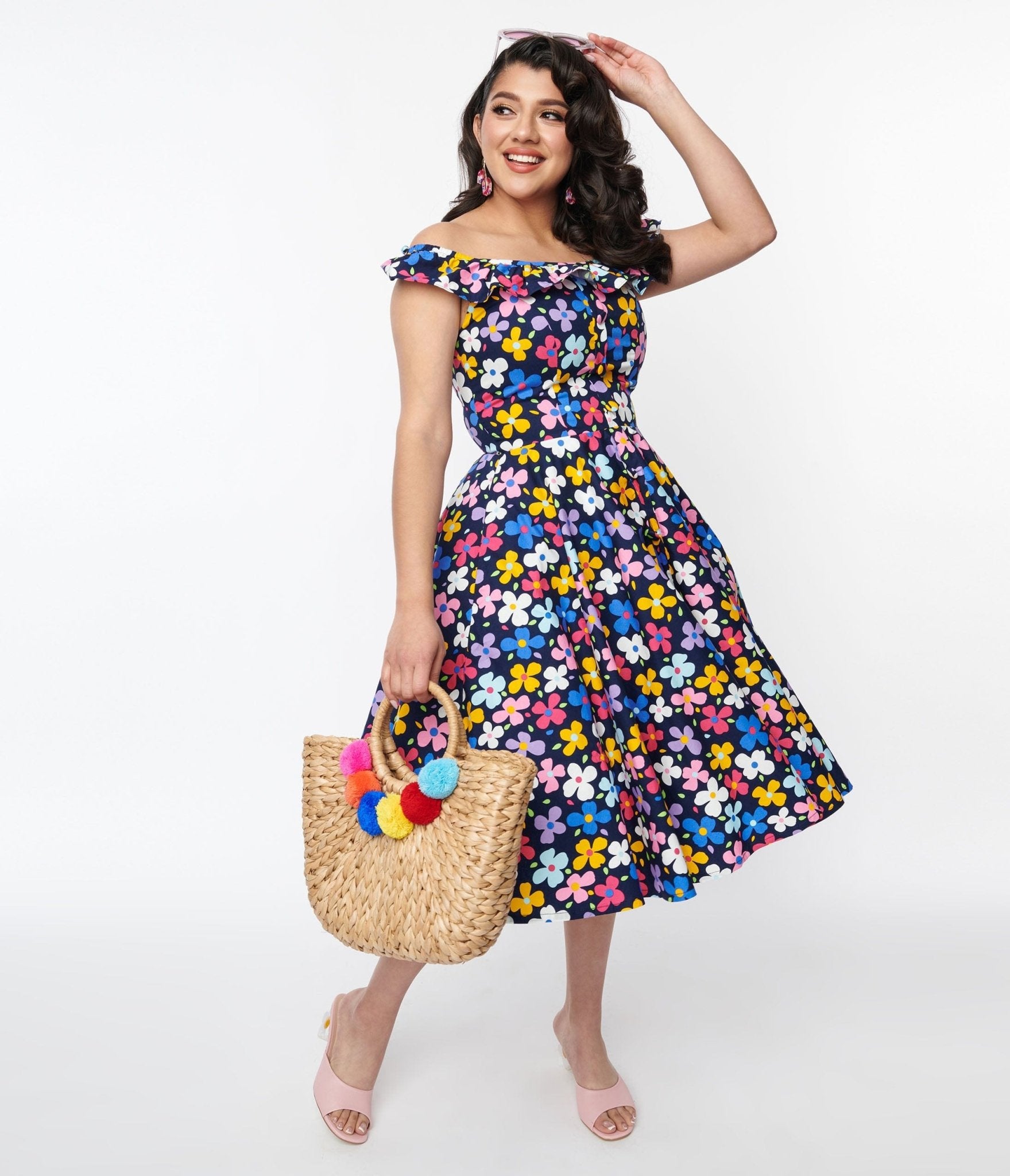 Magnolia Place Navy & Multicolor Floral Barbara Swing Dress - Unique Vintage - Womens, DRESSES, SWING
