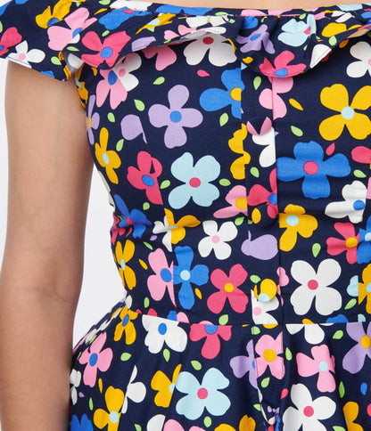 Magnolia Place Navy & Multicolor Floral Barbara Swing Dress - Unique Vintage - Womens, DRESSES, SWING