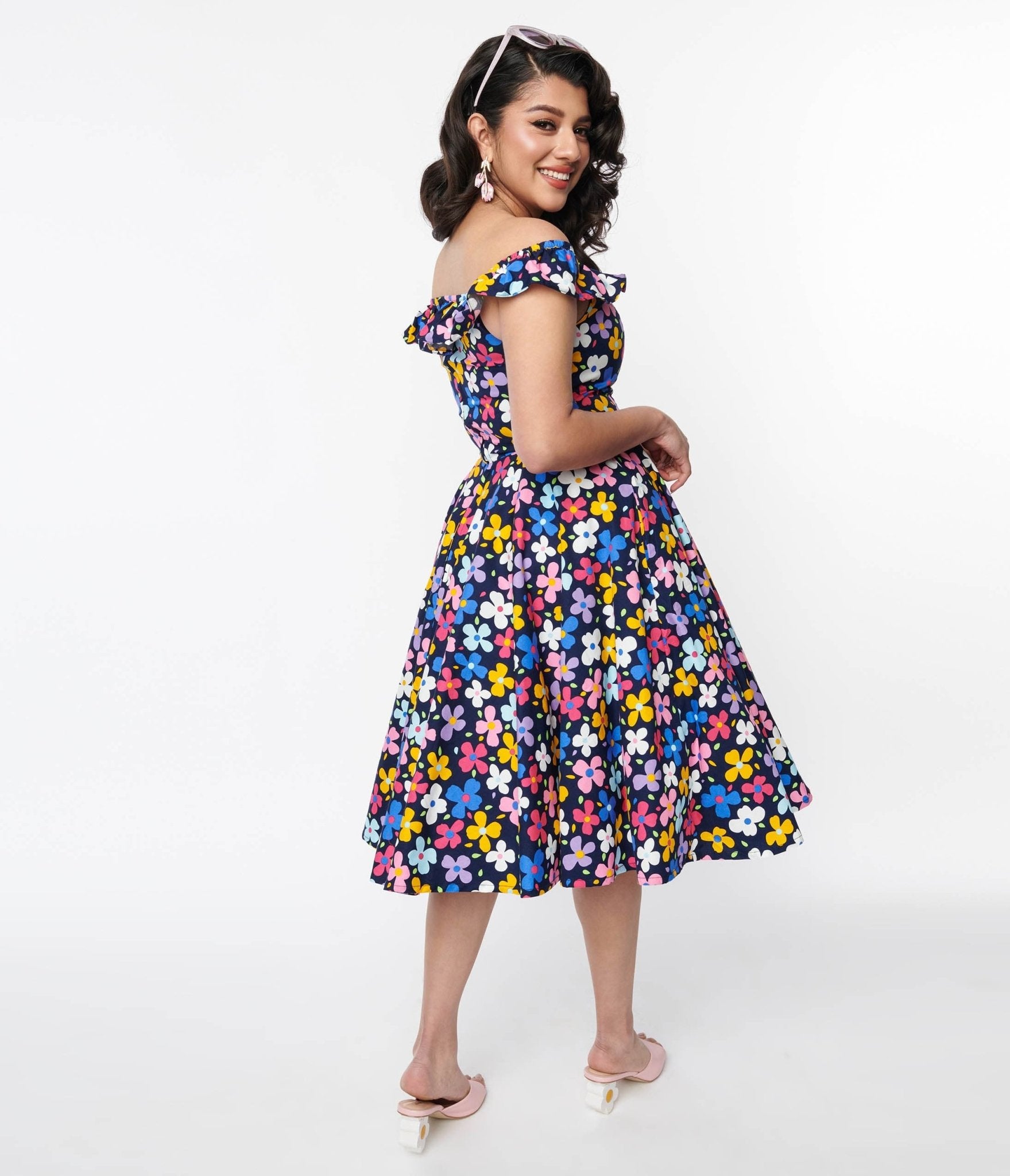 Magnolia Place Navy & Multicolor Floral Barbara Swing Dress - Unique Vintage - Womens, DRESSES, SWING