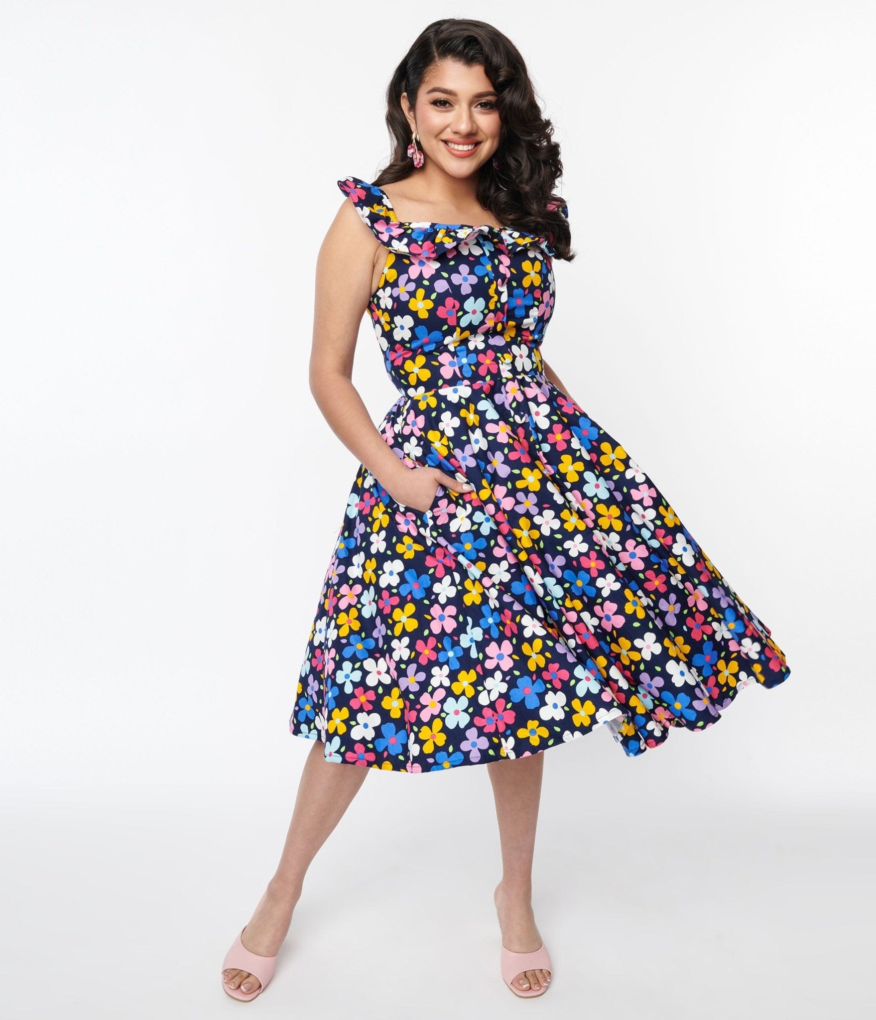 Magnolia Place Navy & Multicolor Floral Barbara Swing Dress - Unique Vintage - Womens, DRESSES, SWING