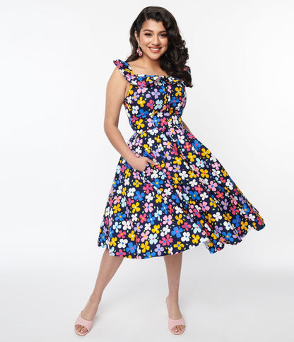 Magnolia Place Navy & Multicolor Floral Barbara Swing Dress - Unique Vintage - Womens, DRESSES, SWING
