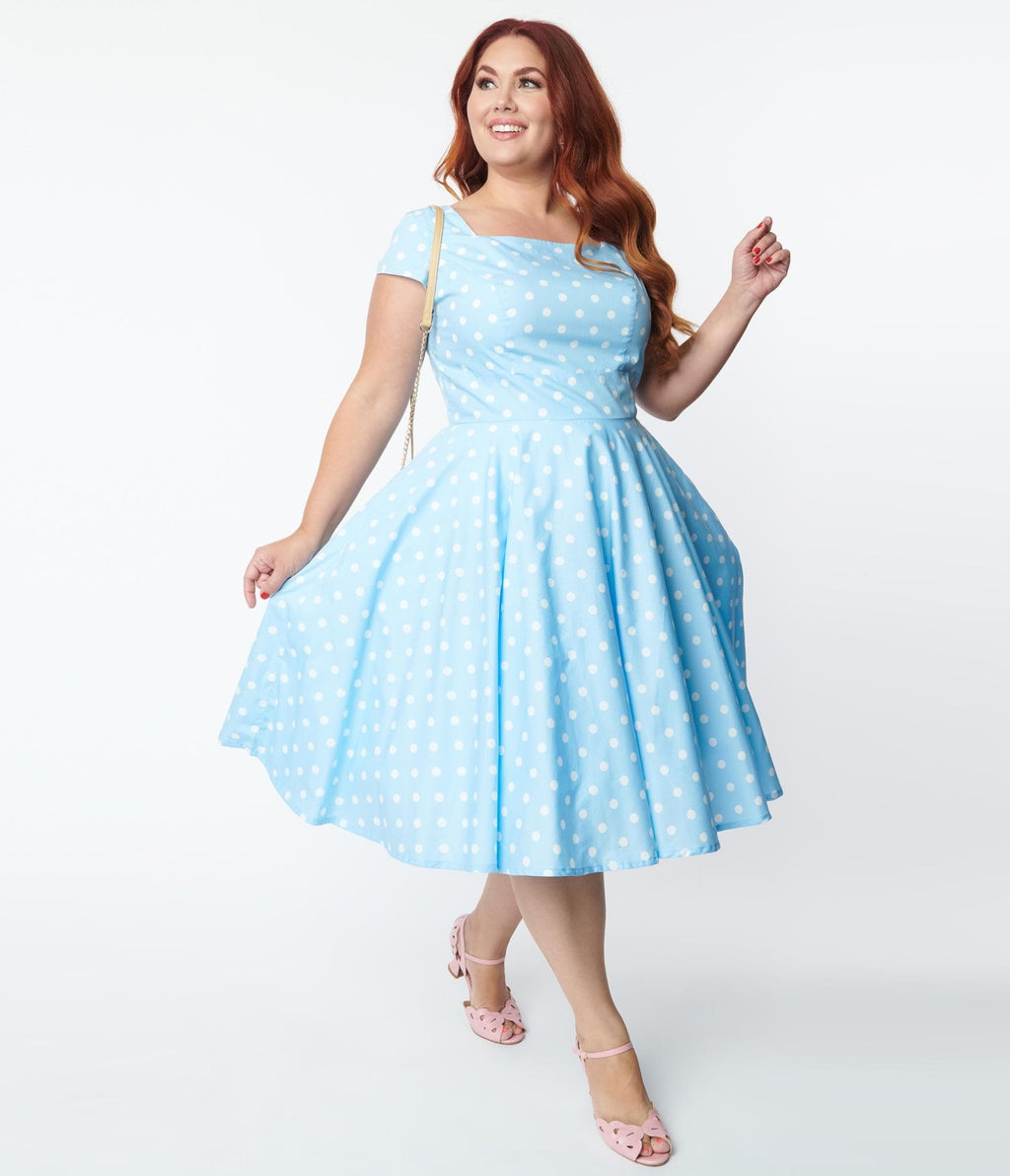 Magnolia Place Plus Size Light Blue & White Polka Dot Anna Swing Dress - Unique Vintage - Swing Dresses