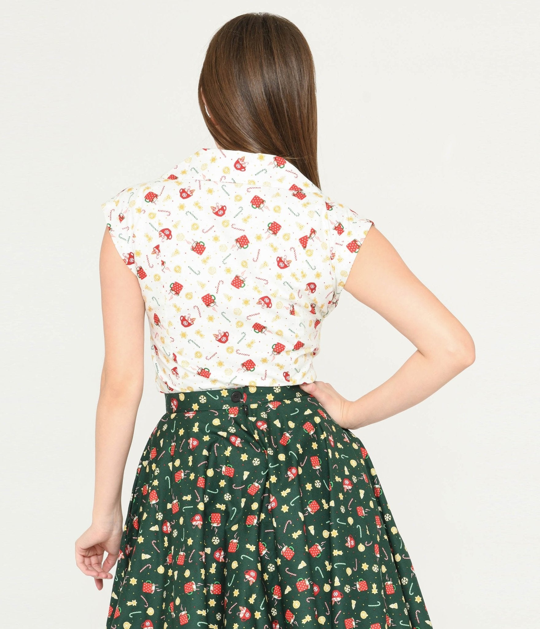 Magnolia Place White & Holiday Print Tamara Blouse - Unique Vintage - Womens, TOPS, WOVEN TOPS