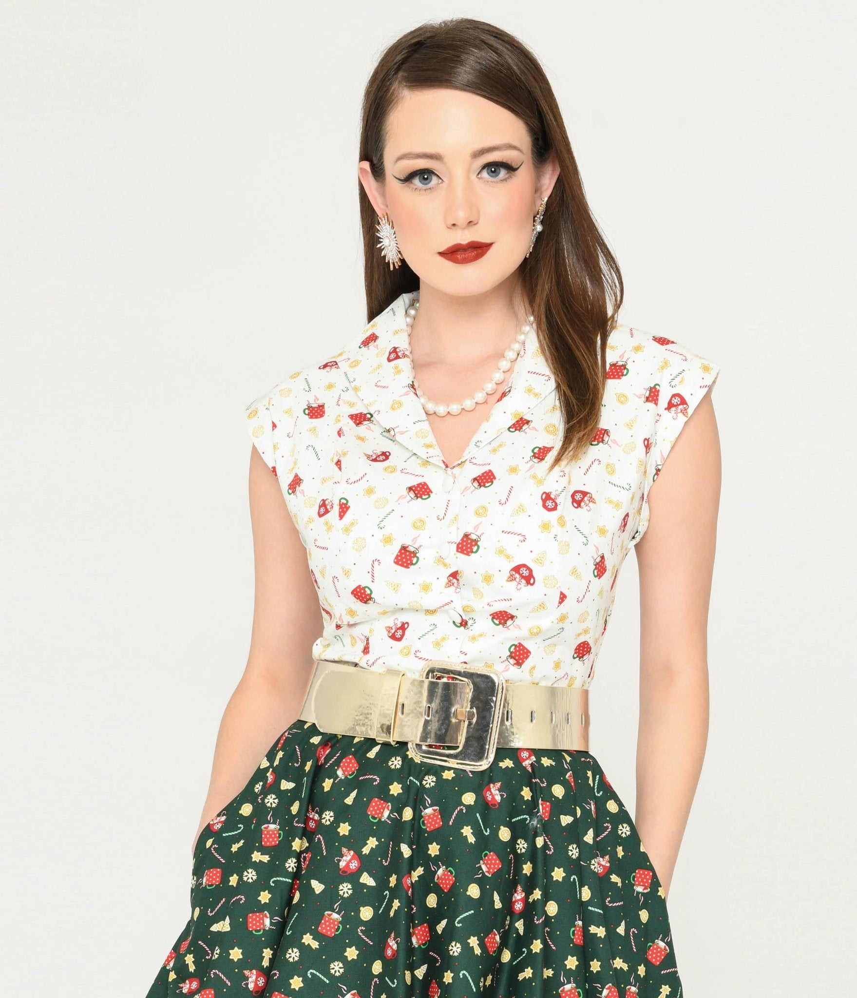 Magnolia Place White & Holiday Print Tamara Blouse - Unique Vintage - Womens, TOPS, WOVEN TOPS