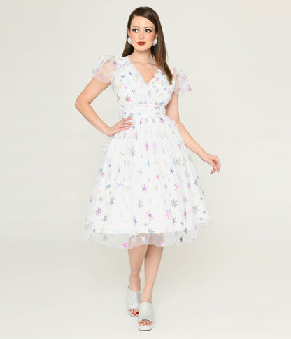 Magnolia Place White & Sparkle Snowflake Midori Dress - Unique Vintage - Womens, DRESSES, SWING