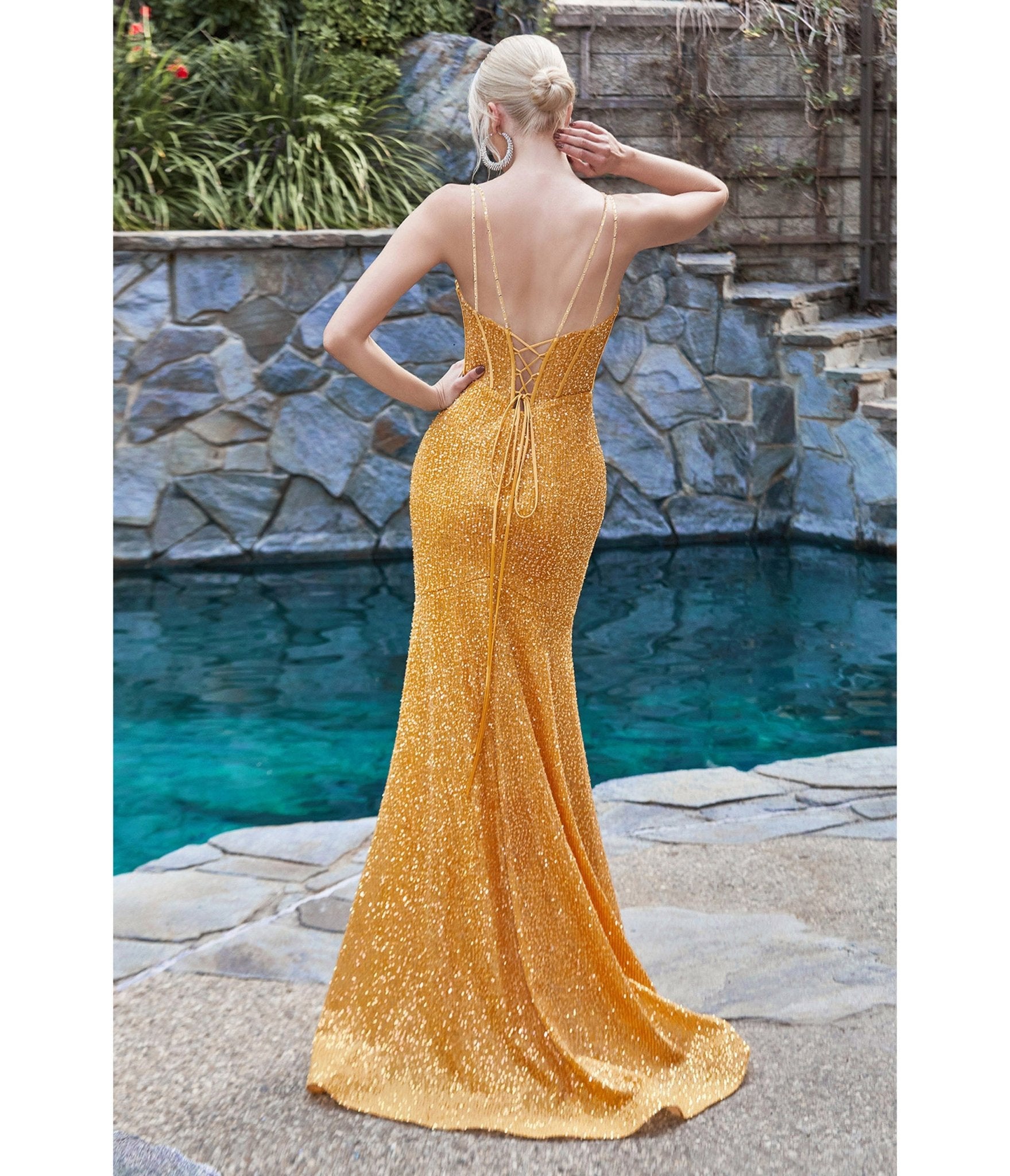 Marigold Sequin Fitted Corset Prom Dress - Unique Vintage - Womens, DRESSES, PROM AND SPECIAL OCCASION