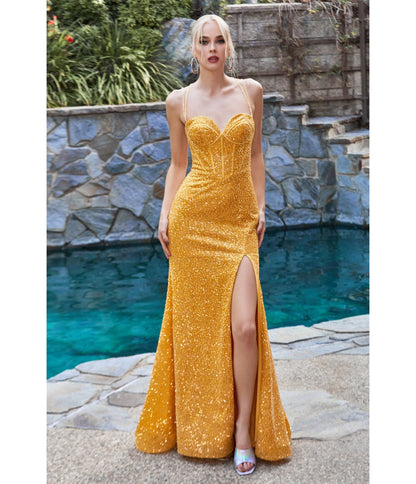 Marigold Sequin Fitted Corset Prom Dress - Unique Vintage - Womens, DRESSES, PROM AND SPECIAL OCCASION
