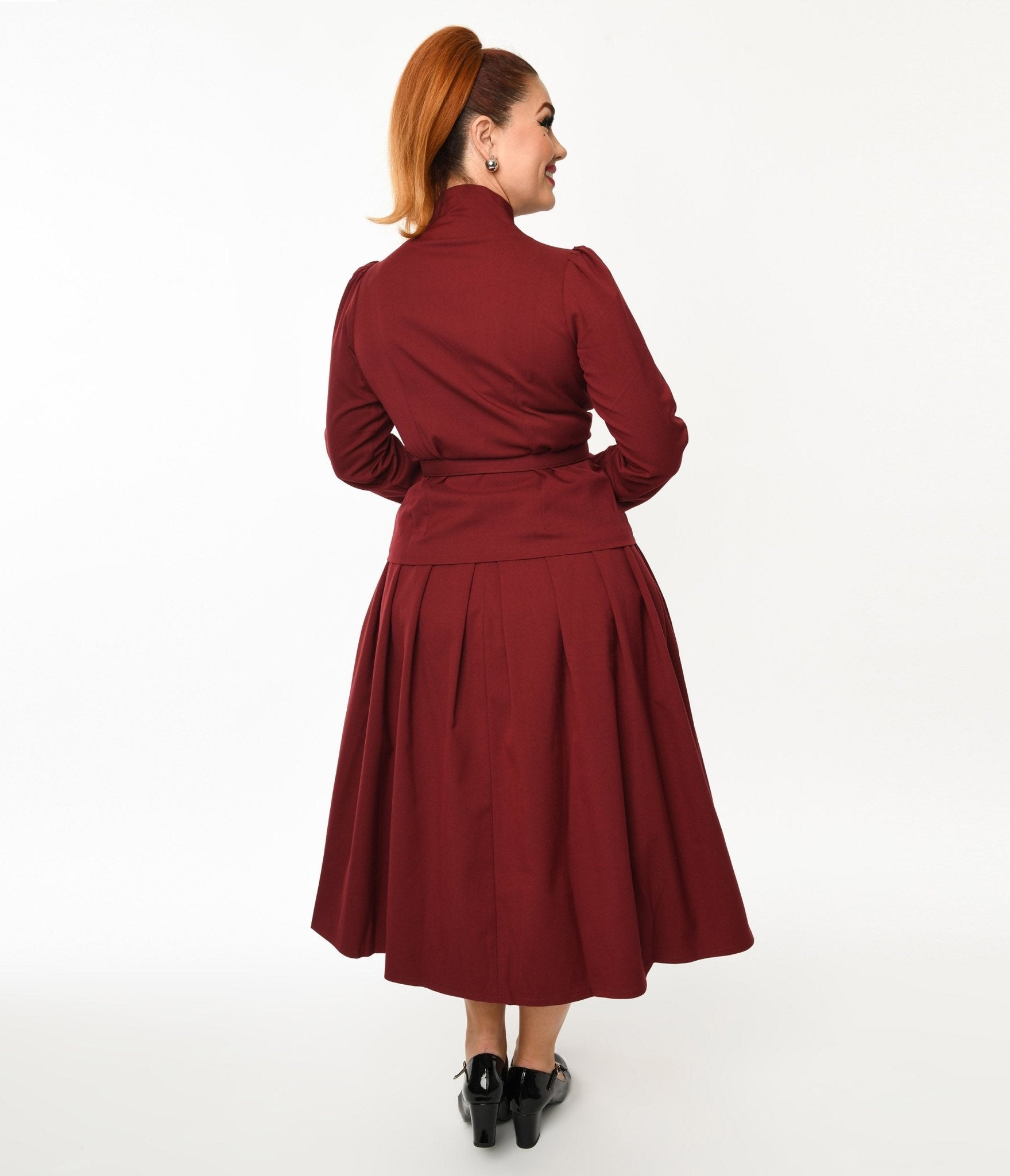 Maroon Jemima Two Piece Jacket & Midi Skirt Set - Unique Vintage - Womens, BOTTOMS, SKIRTS