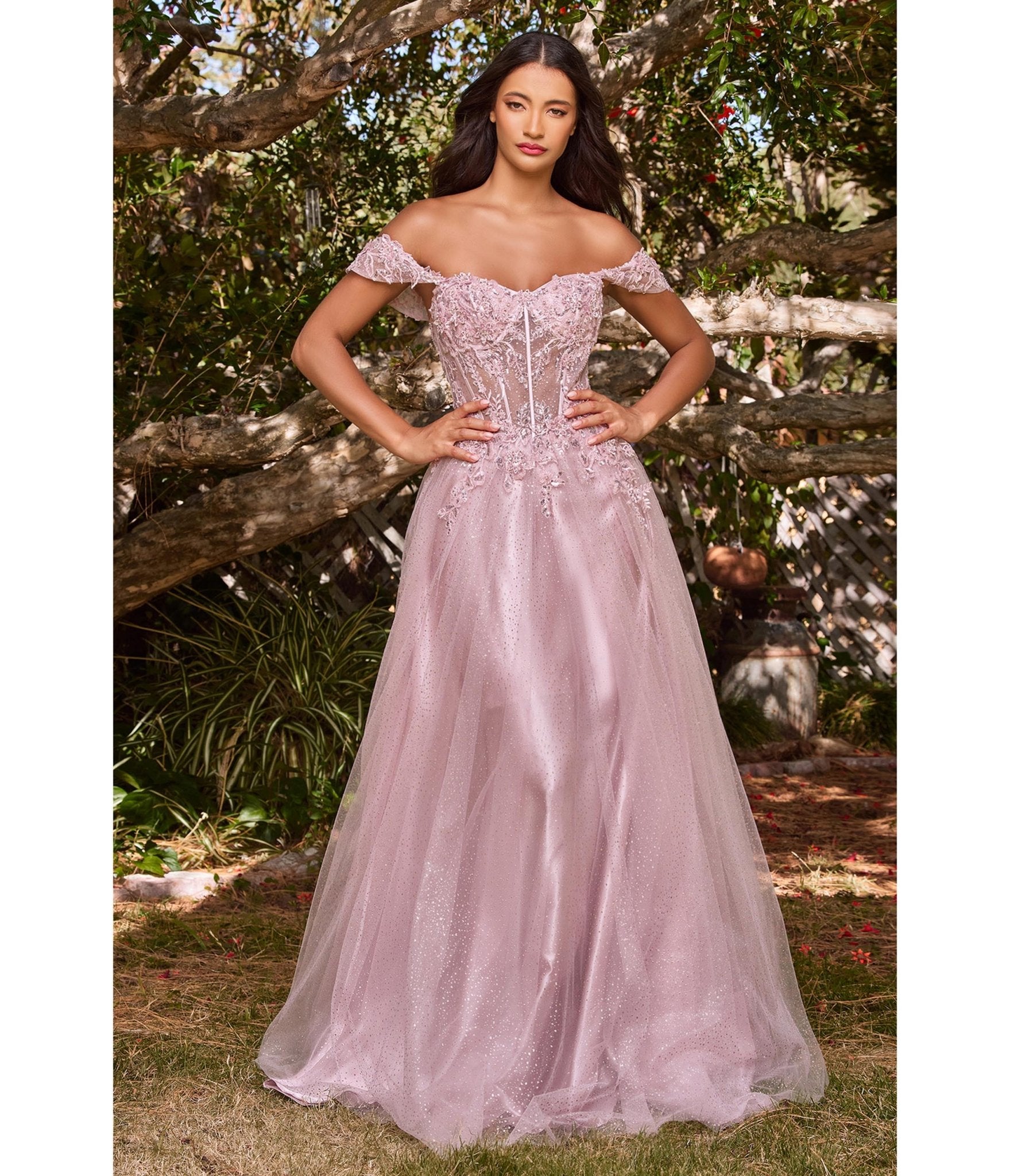 Mauve Glitter Lace & Tulle Embellished Off The Shoulder Prom Gown - Unique Vintage - Womens, DRESSES, PROM AND SPECIAL OCCASION