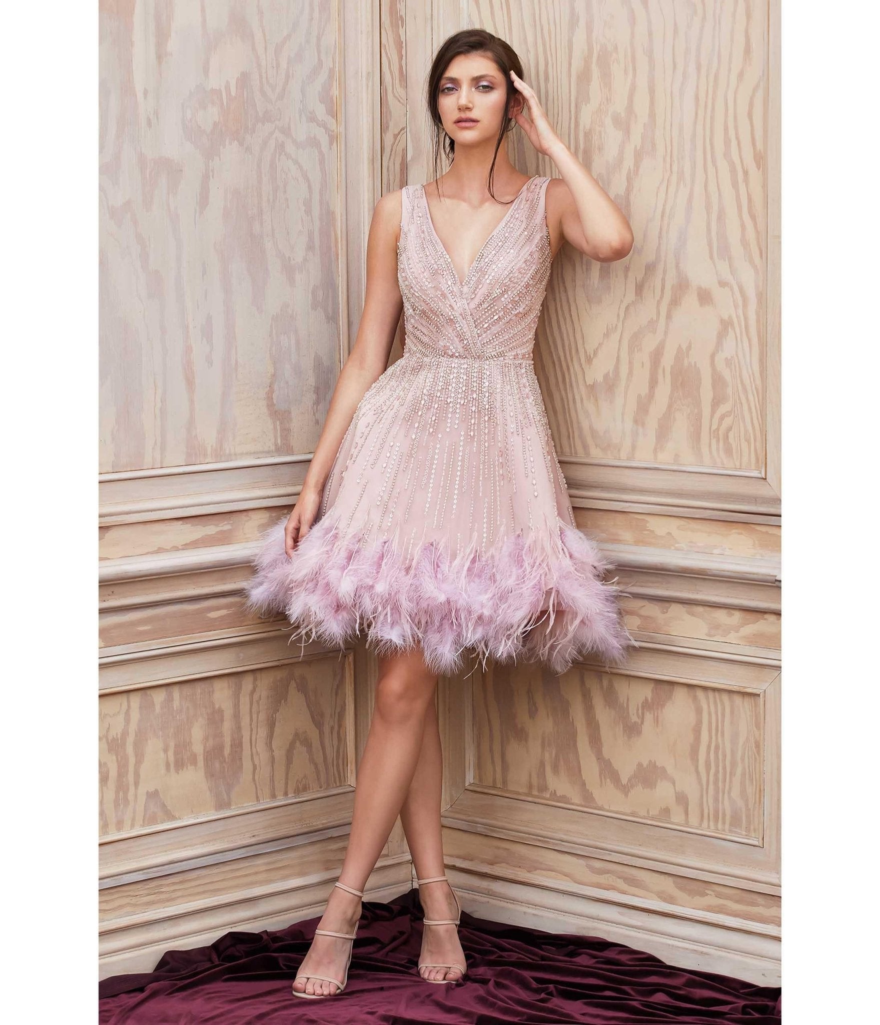 Mauve Rhinestone & Feather Hem Bridesmaid Cocktail Dress - Unique Vintage - Womens, DRESSES, PROM AND SPECIAL OCCASION