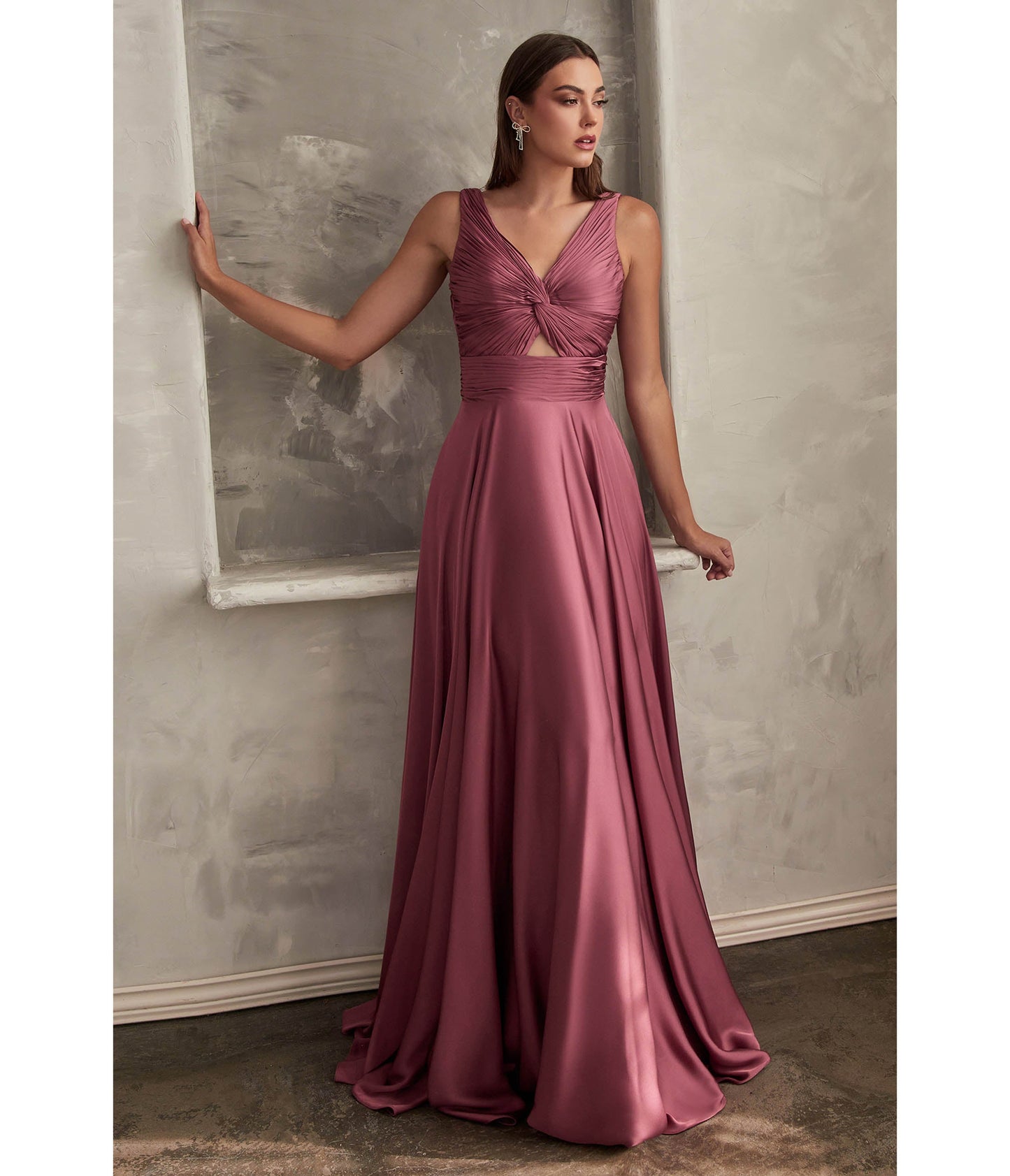 Mauve Rose Satin Ruched Knotted Keyhole Evening Gown - Unique Vintage - Womens, DRESSES, PROM AND SPECIAL OCCASION