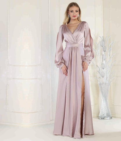 Mauve Satin Long Sleeve Goddess Gown - Unique Vintage - Womens, DRESSES, PROM AND SPECIAL OCCASION