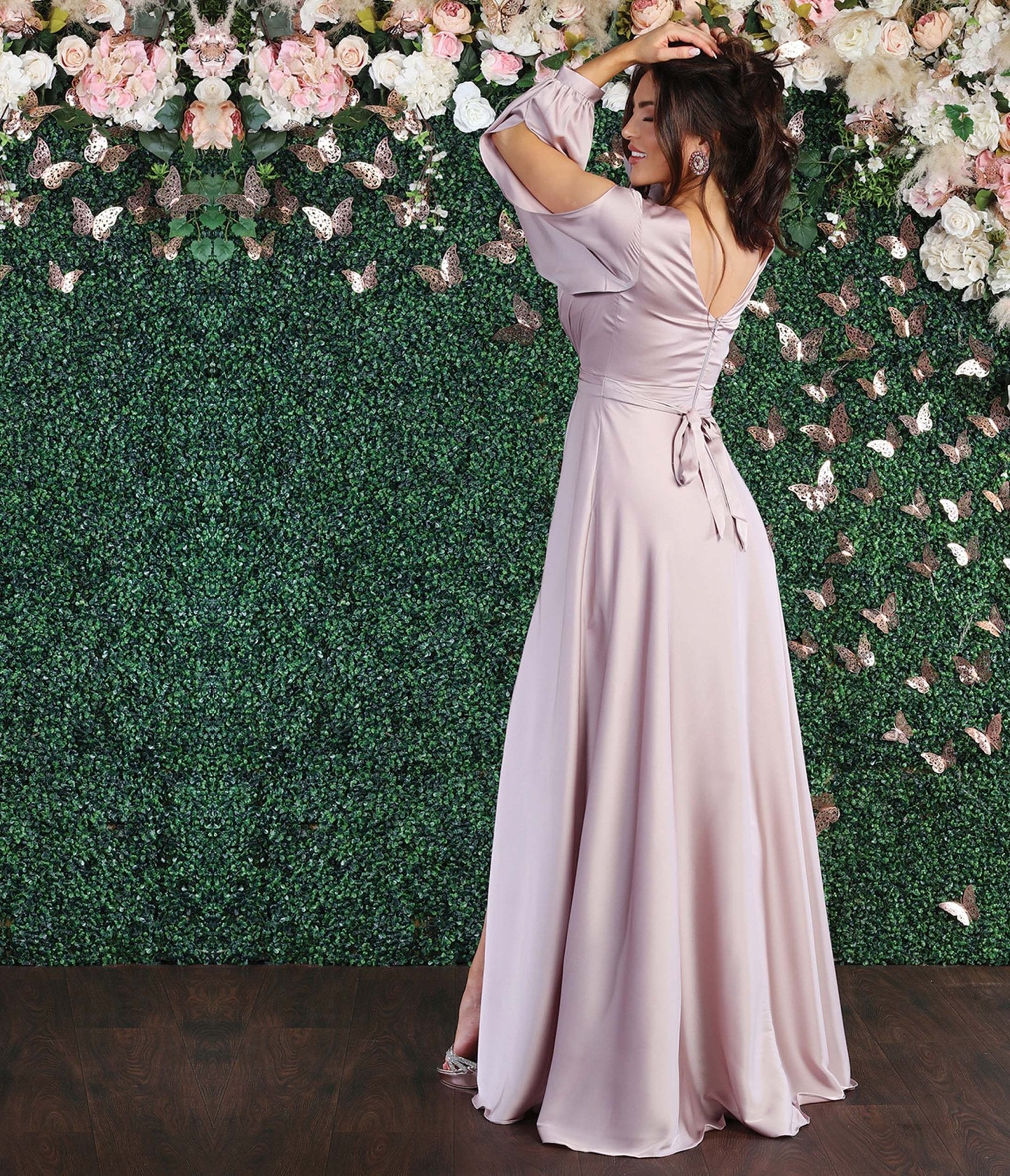Mauve Satin Long Sleeve Goddess Gown - Unique Vintage - Womens, DRESSES, PROM AND SPECIAL OCCASION