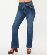 Medium Denim Belted High Rise Flare Jeans – Unique Vintage